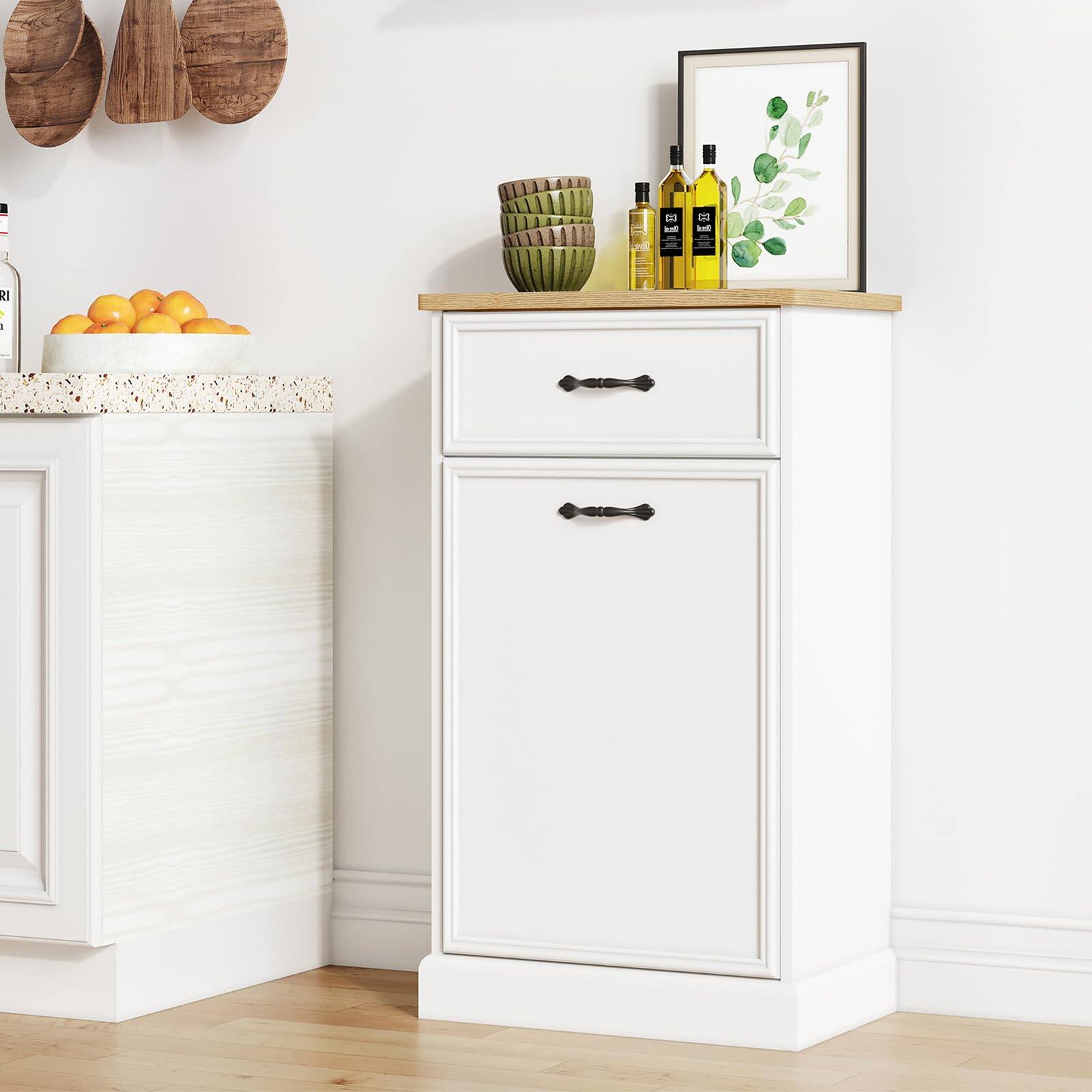 Left. Jojoka - Tilt-Out Trash Cabinet, 10 Gallon Hidden Garbage Bin Organizer with Storage Drawers - White.