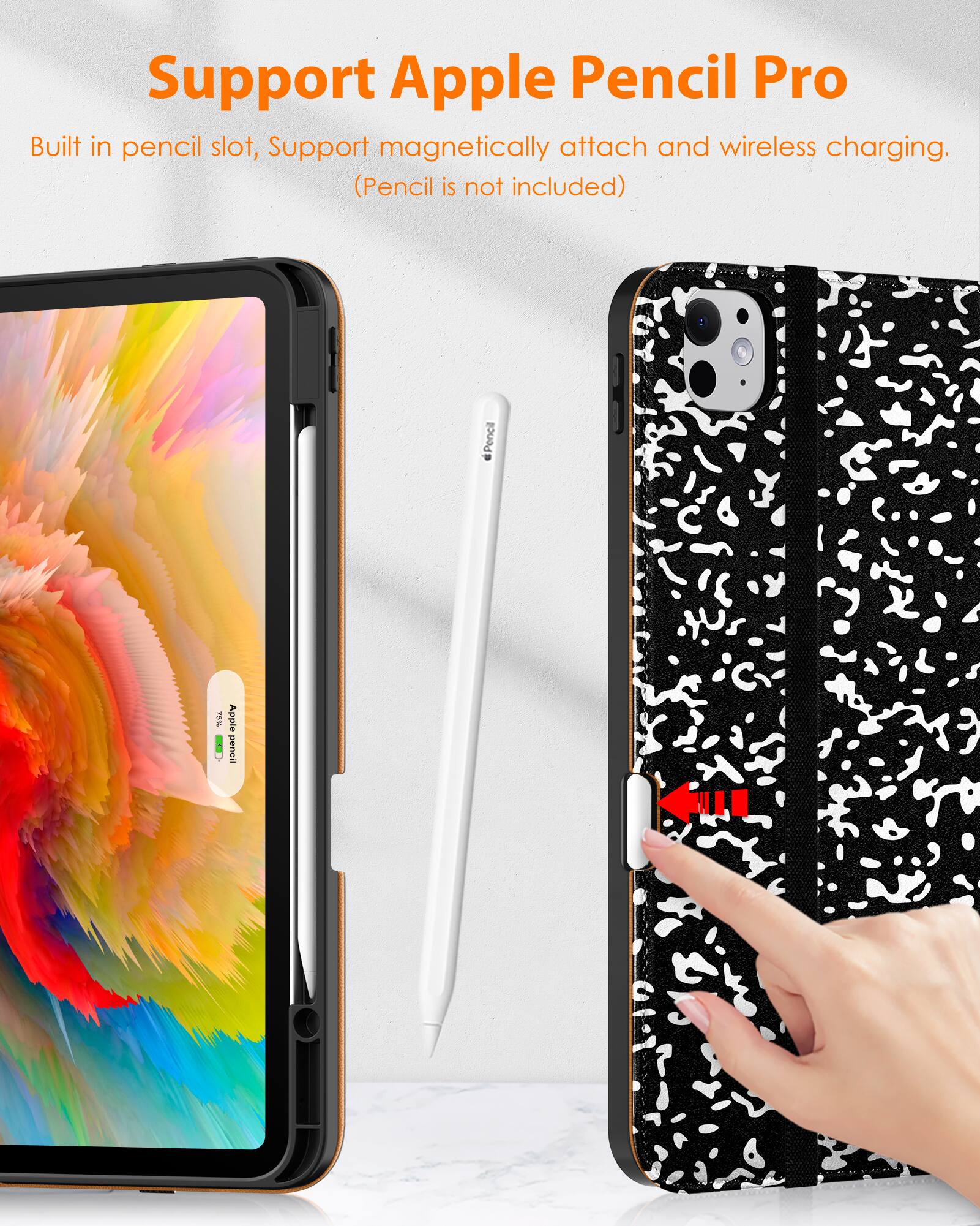 Support Apple Pencil Pro

Built in pencil slot, Support magnetically attach and wireless charging. (Pencil is not included)
