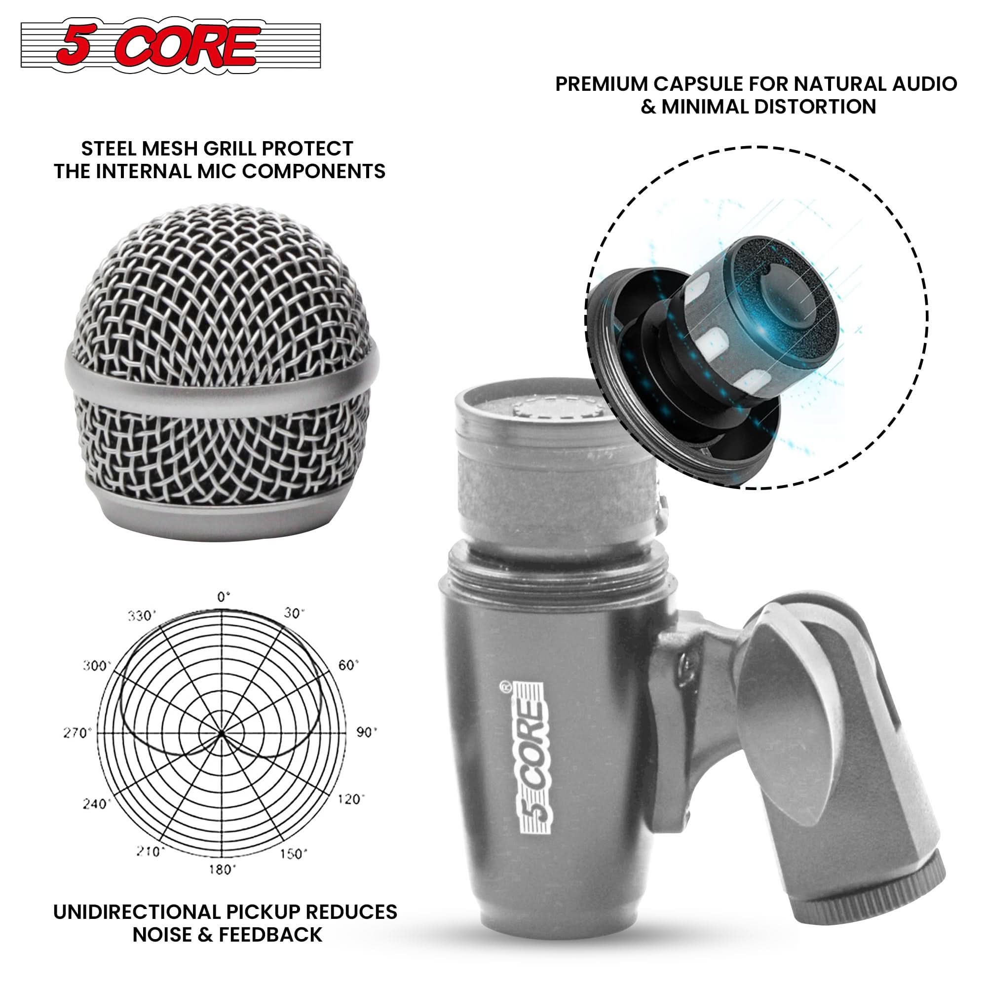 5 CORE

STEEL MESH GRILL PROTECT THE INTERNAL MIC COMPONENTS

PREMIUM CAPSULE FOR NATURAL AUDIO & MINIMAL DISTORTION

UNIDIRECTIONAL PICKUP REDUCES NOISE & FEEDBACK