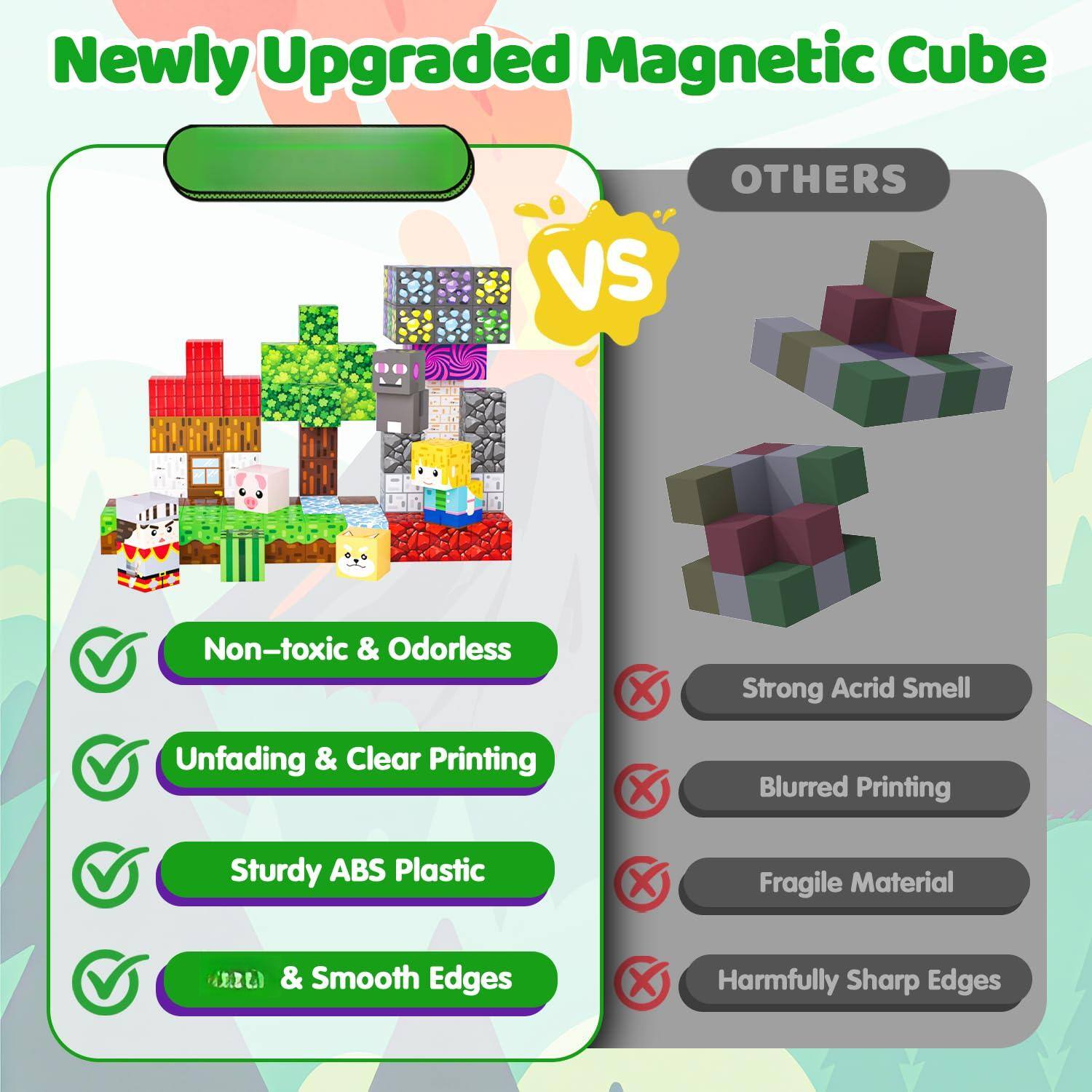 Newly Upgraded Magnetic Cube

**VS**

**OTHERS**

- Non-toxic & Odorless
- Unfading & Clear Printing
- Sturdy ABS Plastic
- & Smooth Edges

**OTHERS**

- Strong Acrid Smell
- Blurred Printing
- Fragile Material
- Harmfully Sharp Edges