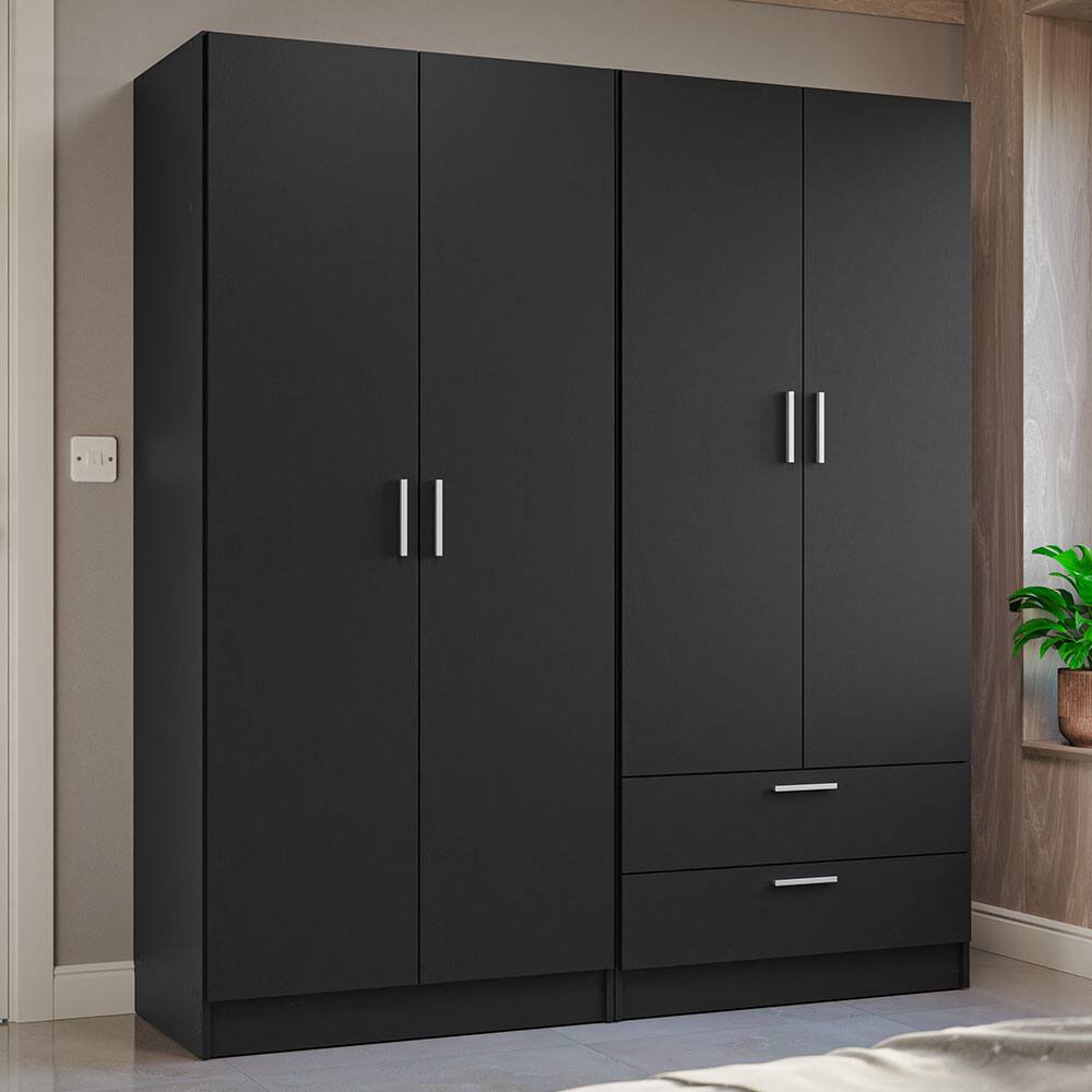 Angle. Madesa - MADESA 4 Doors 2 Drawers Wardrobe Set with Shelves and Hanging Space 63"L - Black - Black.