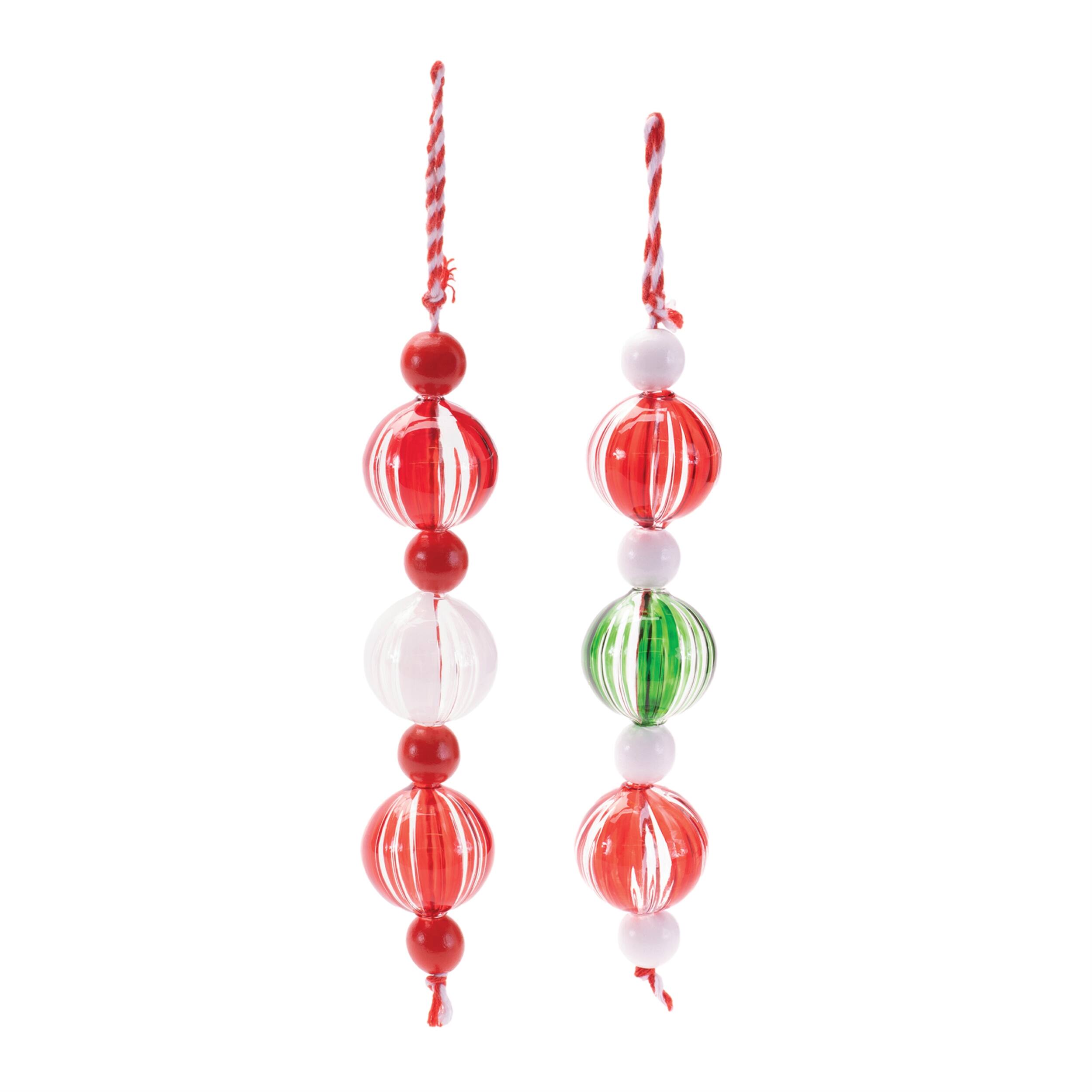 Angle. BreeBe - Striped Glass Mini Drop Ornaments – Set of 6 - Red, White, Green.