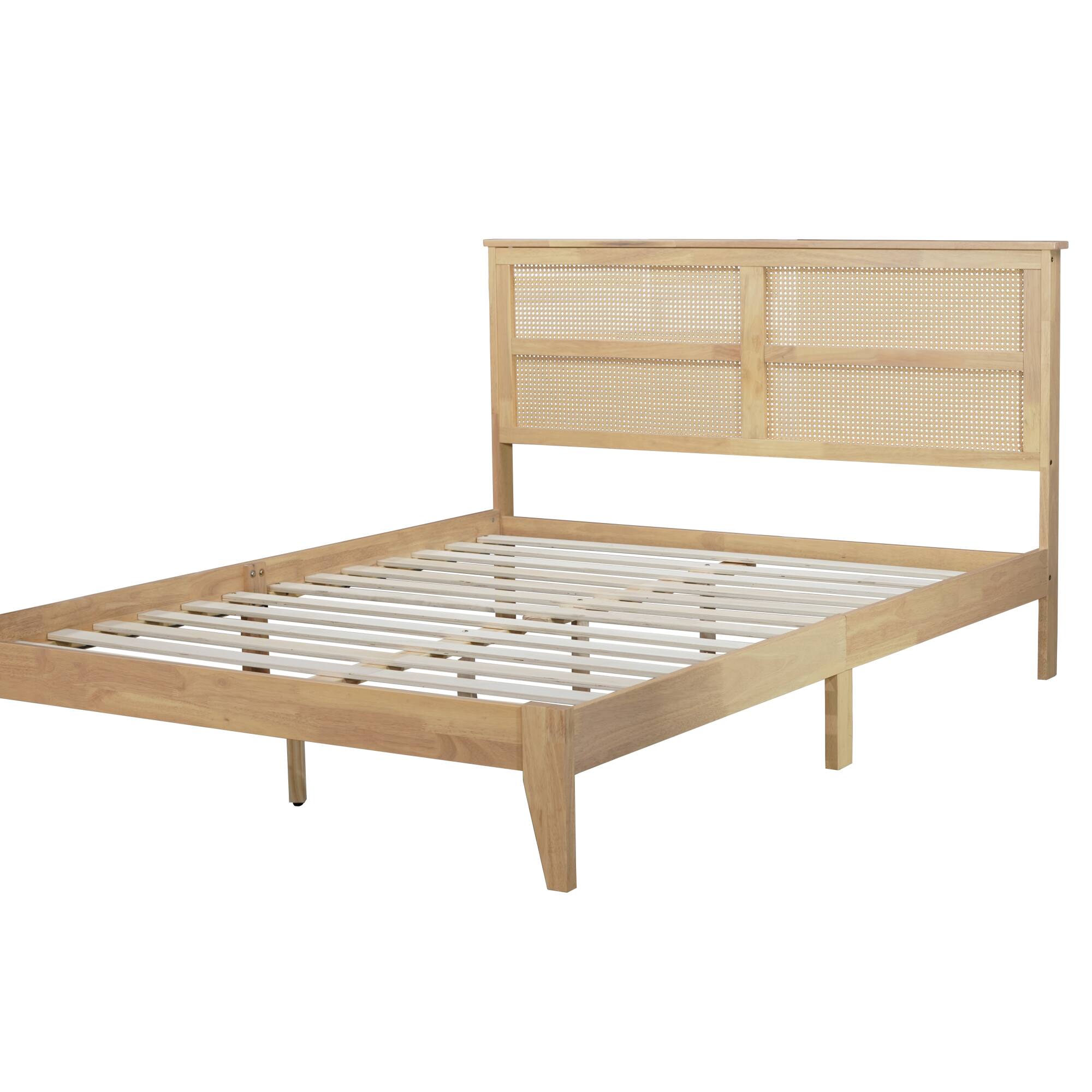 Angle. GOODSILO - Queen Size Solid Wood Bed with Rattan Headboard and Enhanced Support Feet - Natural.