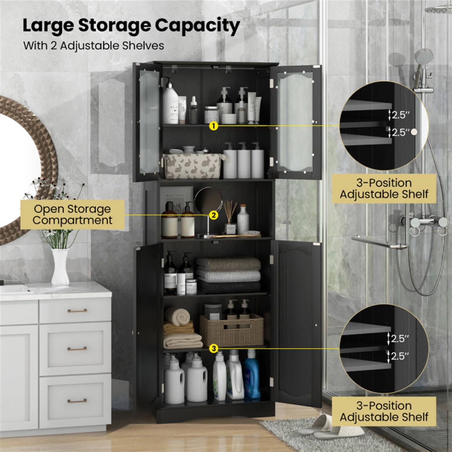 Large Storage Capacity With 2 Adjustable Shelves

1. Open Storage Compartment
2. 3-Position Adjustable Shelf
3. 3-Position Adjustable Shelf

- 2.5" x 2.5"