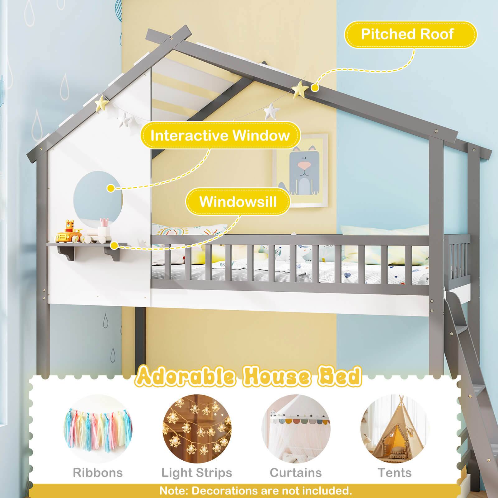 The text on the image is grouped and corrected as follows:

Pitched Roof:
Interactive Window:
Windowsill:
Adorable House Bed:
Ribbons:
Light Strips:
Curtains:
Tents:
Note: Decorations are not included.