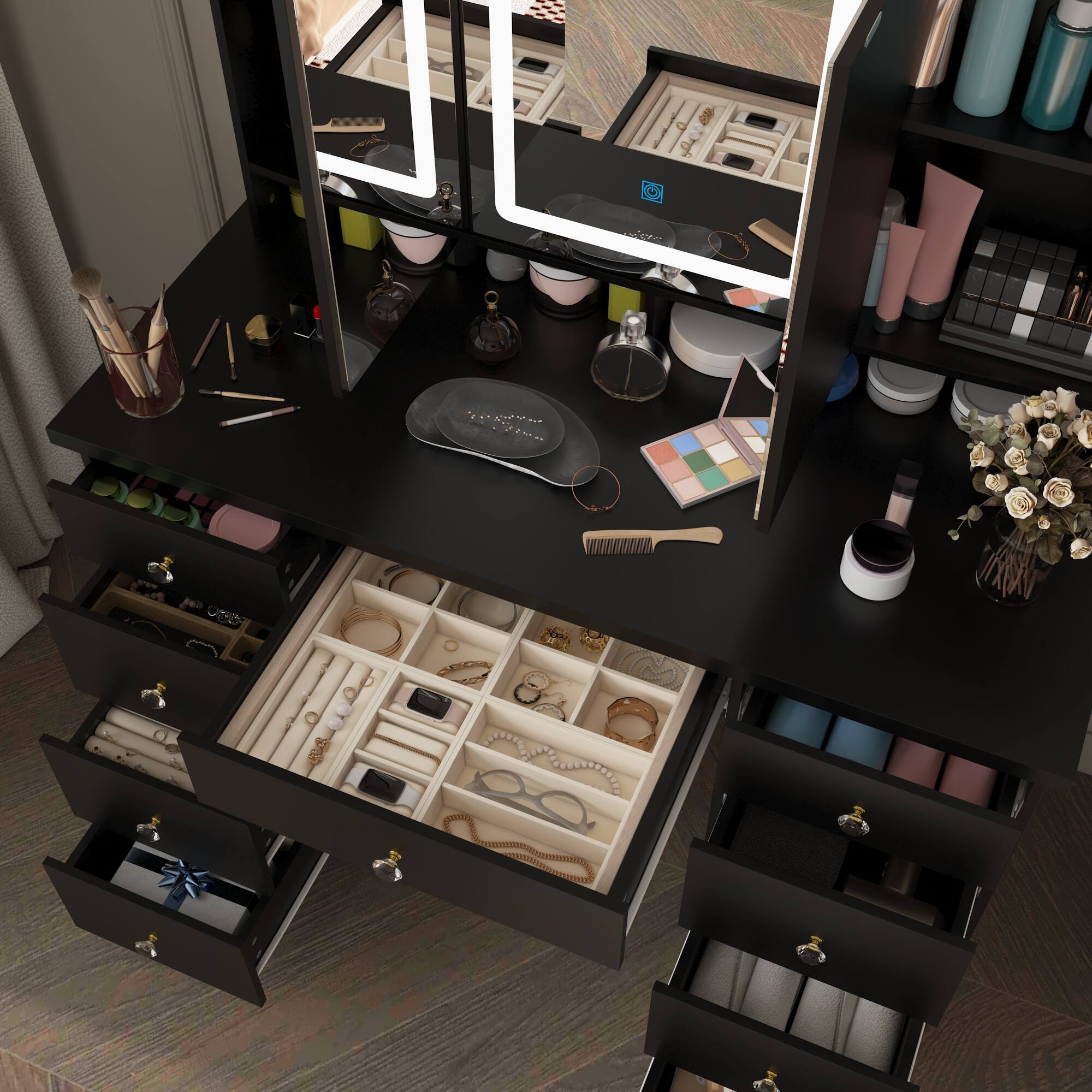 Alt View 10. Famapy - LED Vanity SetSilent Glide Drawers 3-Color Dimmable Mirror Jewelry Organizer & Tri-Fold Glass Modern Dressing Table - Black.