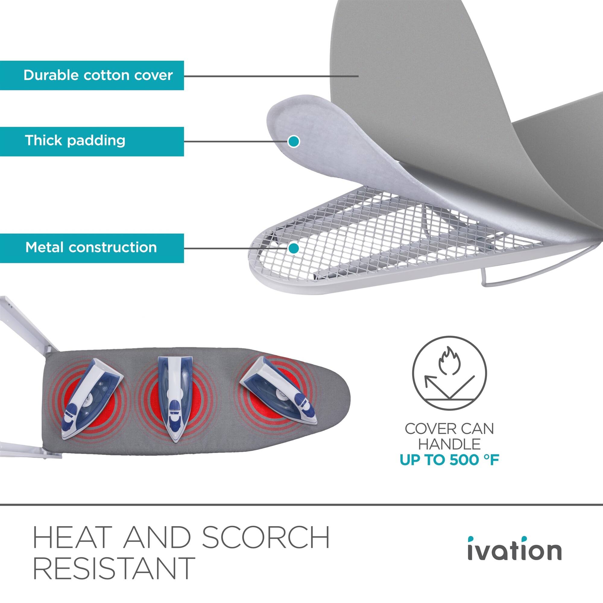 Durable cotton cover, Thick padding, Metal construction, COVER CAN HANDLE UP TO 500 F, HEAT AND SCORCH RESISTANT, ivation