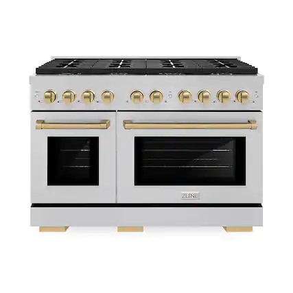 Front. ZLINE - ZLINE Autograph 48 in. 6.7 cu. ft. Freestanding Paramount Gas DuoPro Range in Satin Steel and Champagne Bronze Accents - Stainless Steel.