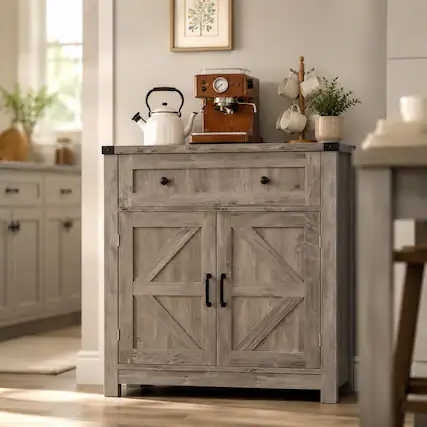 Front. RYHNUYNE - Freestanding Farmhouse Barn-Door Storage Cabinet with Drawer, Coffee Bar Buffet Sideboard, Light Gray - Light Gray.