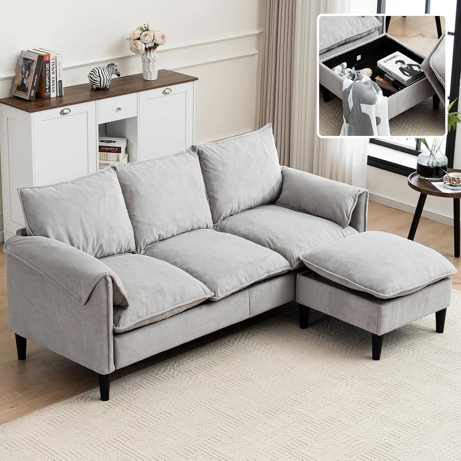 Trinkets Crazed - Modular Convertible L-Shaped Sofa with Storage Footstools – 3-Seater Multifunctional Sofa Bed for Living Room - Gray