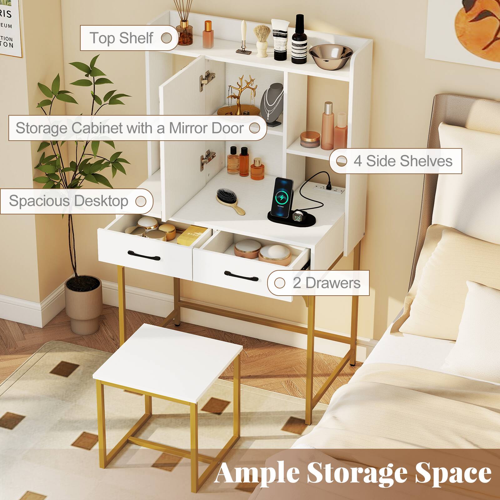 - Top Shelf
- Storage Cabinet with a Mirror Door
- 4 Side Shelves
- Spacious Desktop
- 2 Drawers
- Ample Storage Space