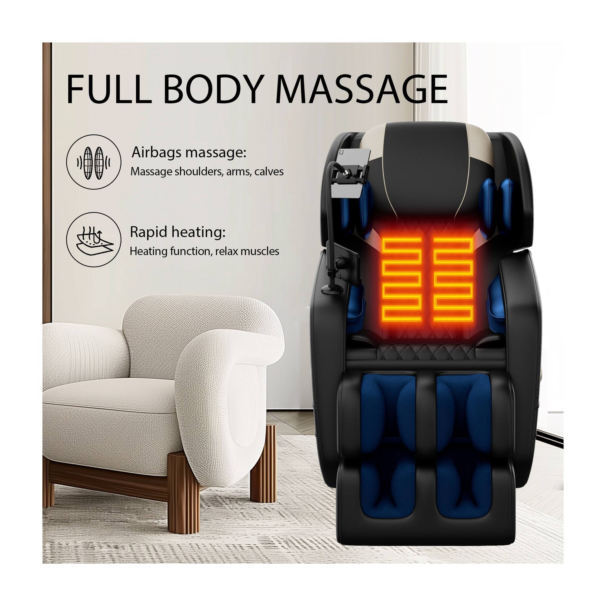 FULL BODY MASSAGE

Airbags massage: Massage shoulders, arms, calves

Rapid heating: Heating function, relax muscles