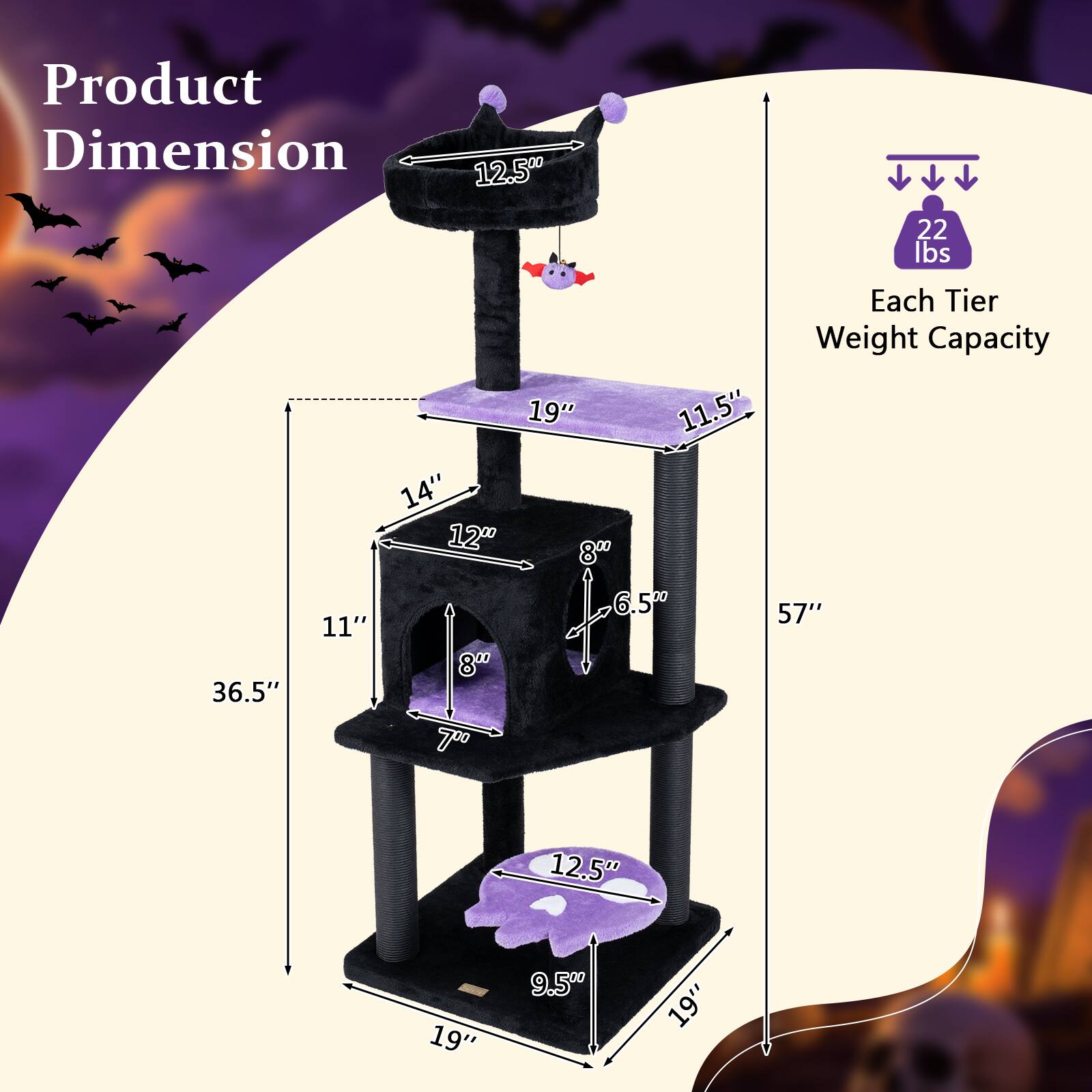 Product Dimension: 12.5" x 19" x 14"  
Each Tier Weight Capacity: 22 lbs  
Total Height: 57"