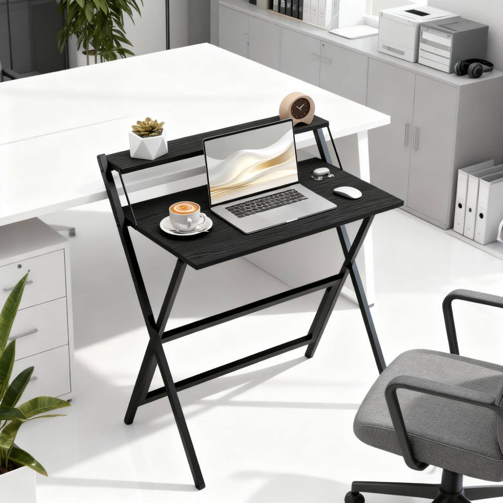 Front. TinyHomie - 32in Foldable Desk with Monitor Shelf Folding Computer Desk Easy Assembly Black - Black.