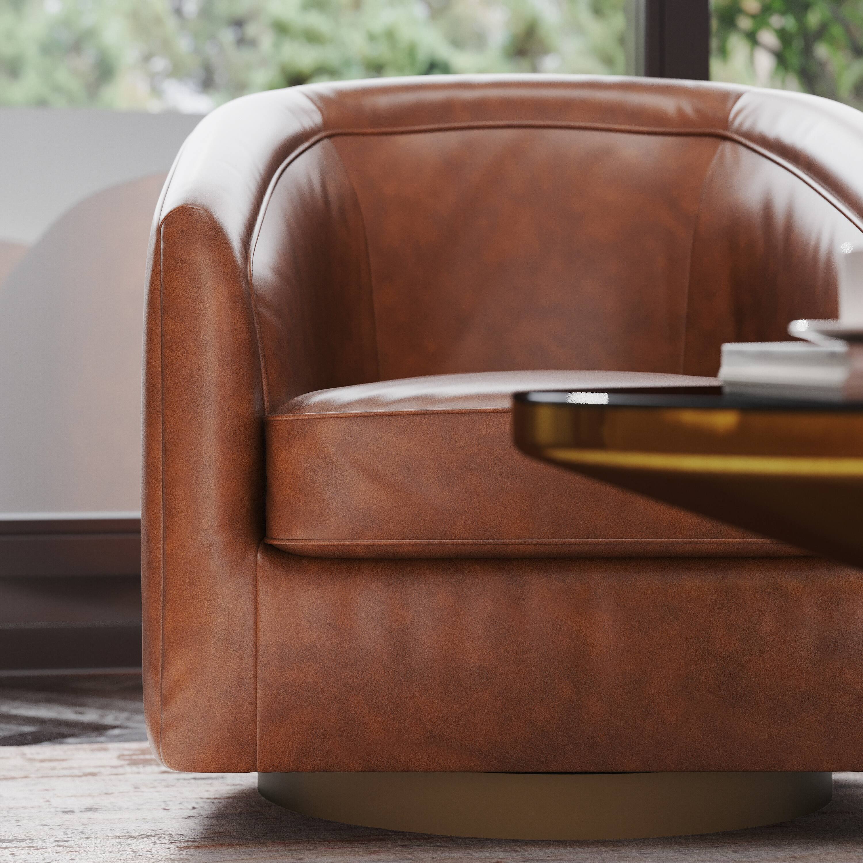 Alt View 4. Emma + Oliver - Della Club Style Barrel Accent Chair with 360 Degree Swivel Brushed Gold Vinyl Wrapped Base and Sloped Armrests - Brown Faux Leather.