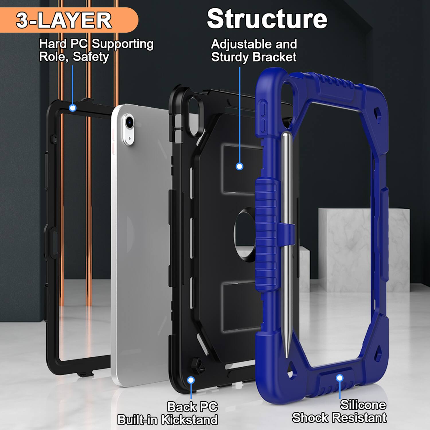 3-LAYER Structure  
Hard PC Supporting Role, Safety  
Adjustable and Sturdy Bracket  
Back PC Built-in Kickstand  
Silicone Shock Resistant