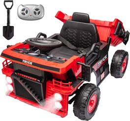 Jojoka - 12V Kids Ride-On Dump Truck, Electric Construction Vehicle w/ Remote Control, Lift Bed, Shovel, LED Lights, Music - Red