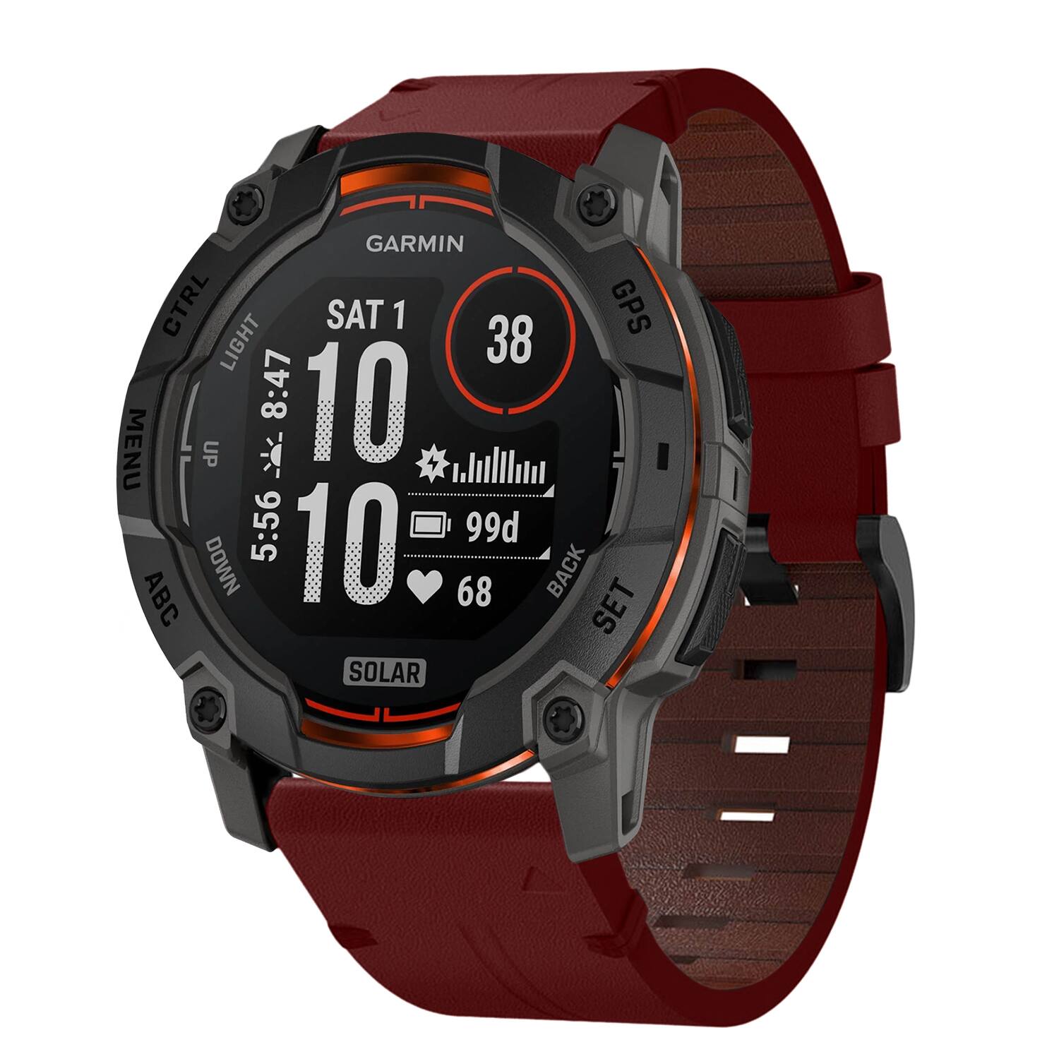 GARMIN CTRL SAT 1 GPS LIGHT 38 8:47 10 MENU UP K 5:56 10 99d DOWN 68 BACK ABC SET SOLAR