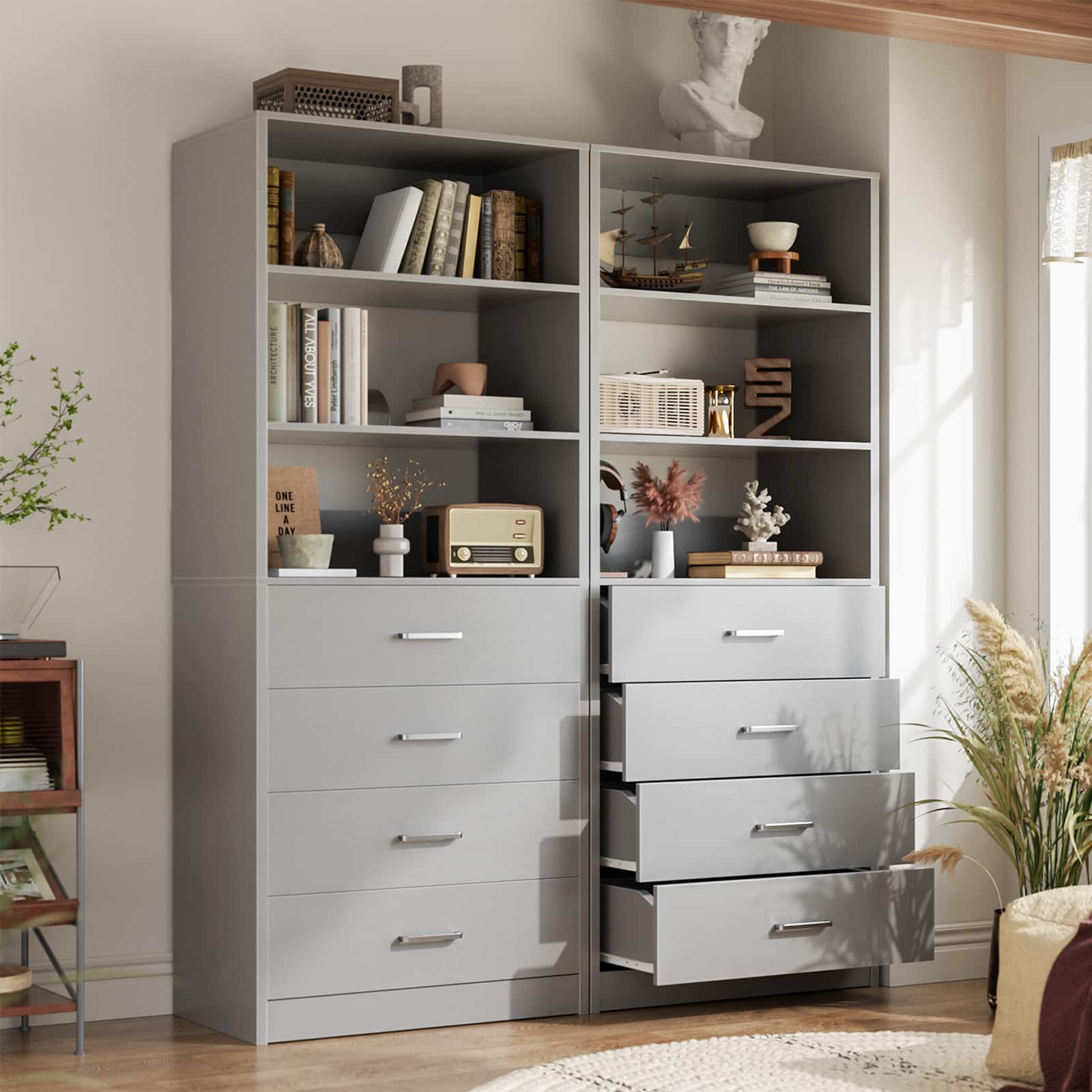 Aheaplus - 80'' Tall Bookcase with 8 Wooden Drawers, 42.5'' Wide Storage Unit with 4 Shelves, 2-Piece Set - Gray