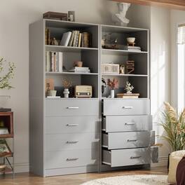 Aheaplus - 80'' Tall Bookcase with 8 Wooden Drawers, 42.5'' Wide Storage Unit with 4 Shelves, 2-Piece Set - Gray