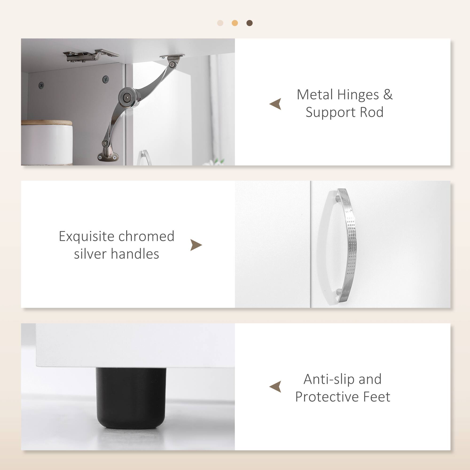 Metal Hinges & Support Rod, Exquisite chromed silver handles, Anti-slip and Protective Feet