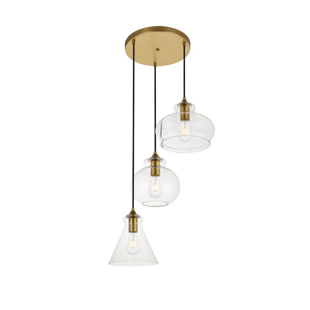 Alt View 2. Living District - Destry 3 Lights Brass Pendant With Clear Glass - Brass And Clear.