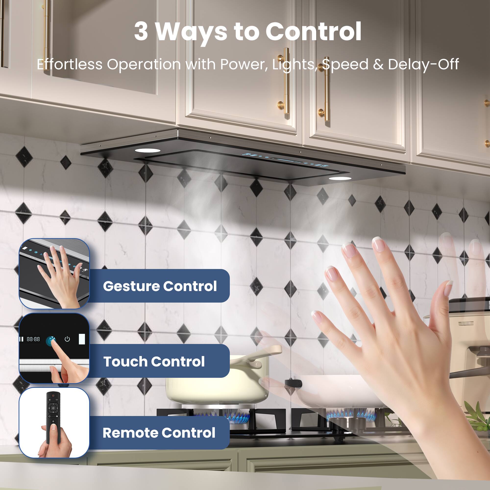 3 Ways to Control  
Effortless Operation with Power, Lights, Speed & Delay-Off

1. Gesture Control
2. Touch Control
3. Remote Control