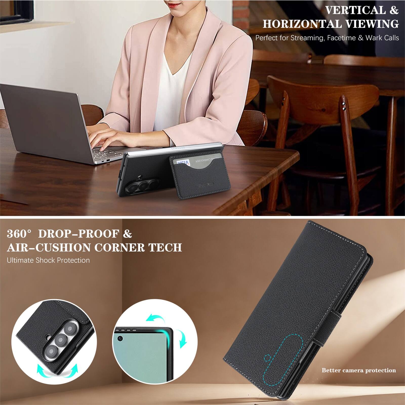 VERTICAL & HORIZONTAL VIEWING  
Perfect for Streaming, Facetime & Work Calls  

360° DROP-PROOF & AIR-CUSHION CORNER TECH  
Ultimate Shock Protection  

Better camera protection