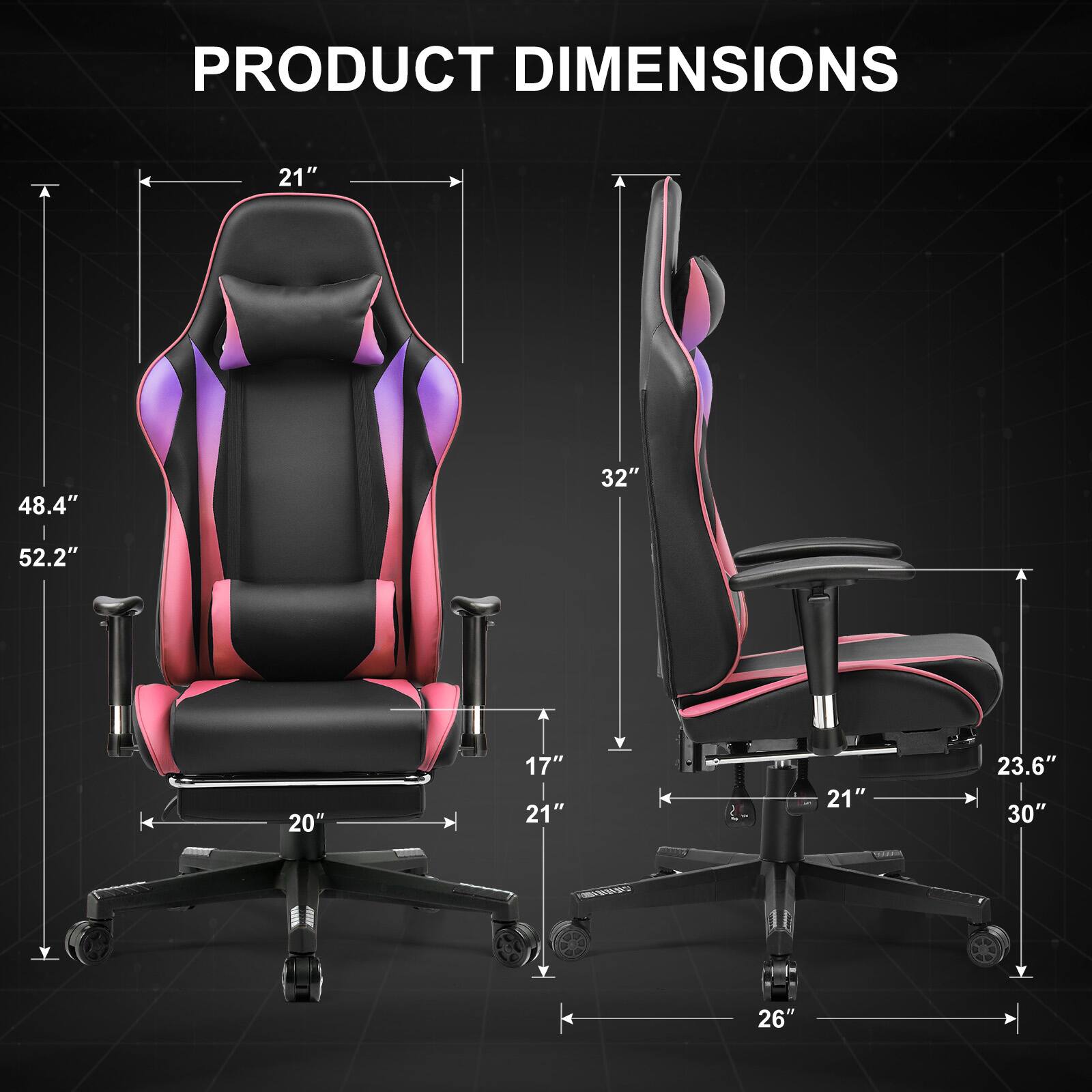 PRODUCT DIMENSIONS

21"
48.4"
32"
52.2"
20"
17" 21"
21"
23.6" 30"
26"