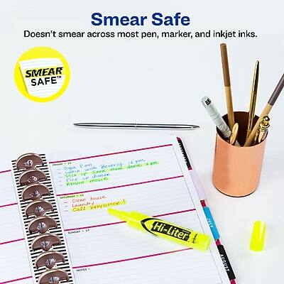 SmeaR Safe  
Doesn't smear across most pen, marker, and inkjet inks.  

SMEAR SAFE  

Hi-liters  

Clean house  
call: 555-1234  

Pick up movie  
Lunch with Sara  
AM or PM  

Call Hi-Liter  
SUGUST
