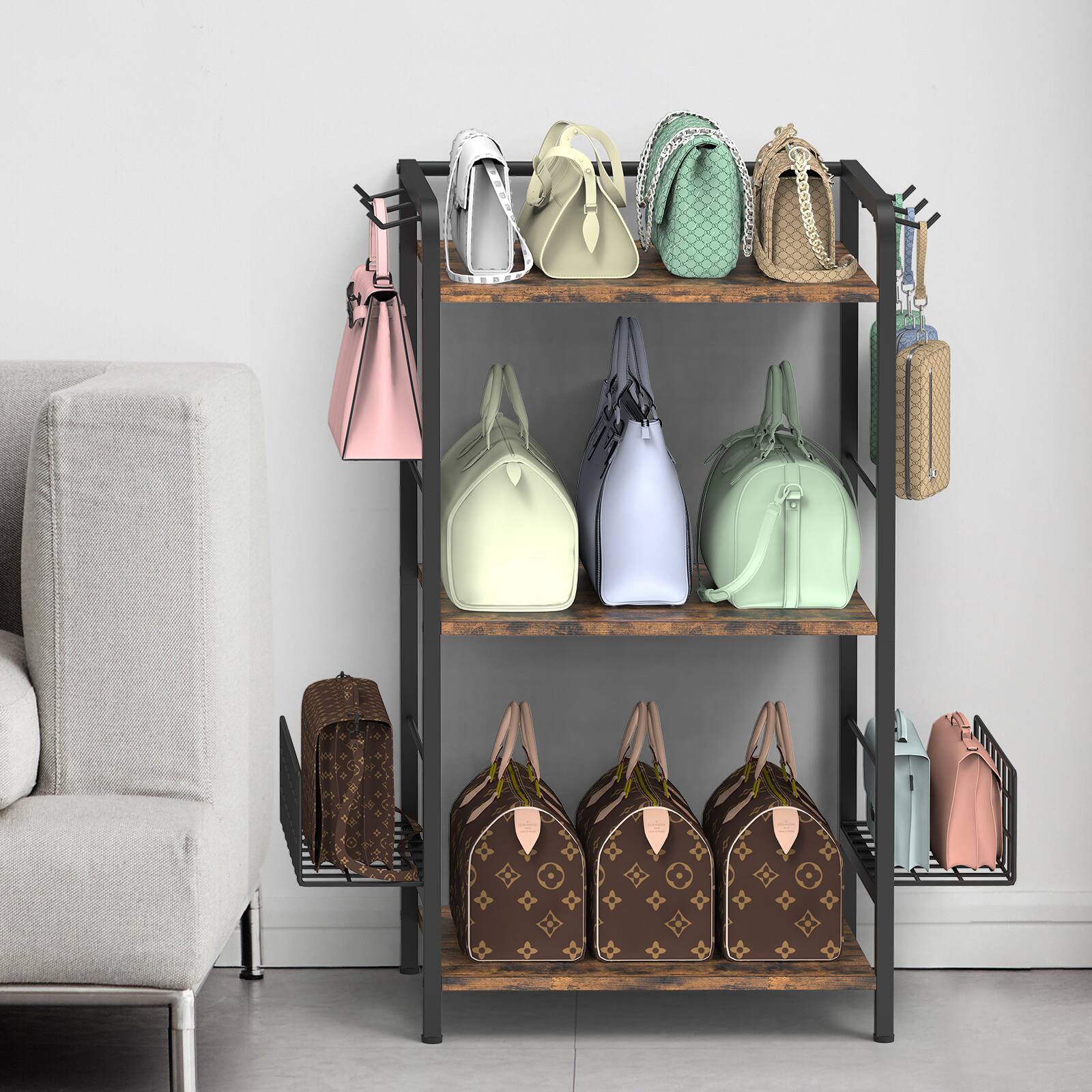 Alt View 1. Oumilen - 3-Tier Handbag Storage Rack, Rustic Brown Wood & Matte Black Metal Purse Organizer Stand - Brown.