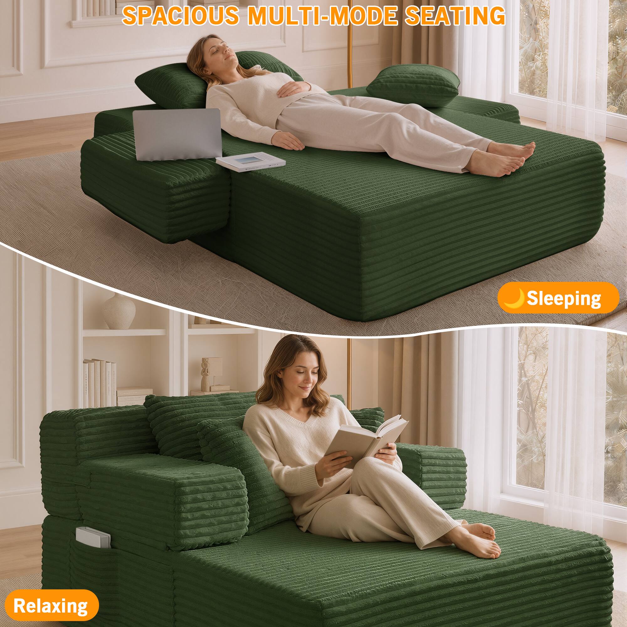 SPACIOUS MULTI-MODE SEATING

Sleeping

Relaxing