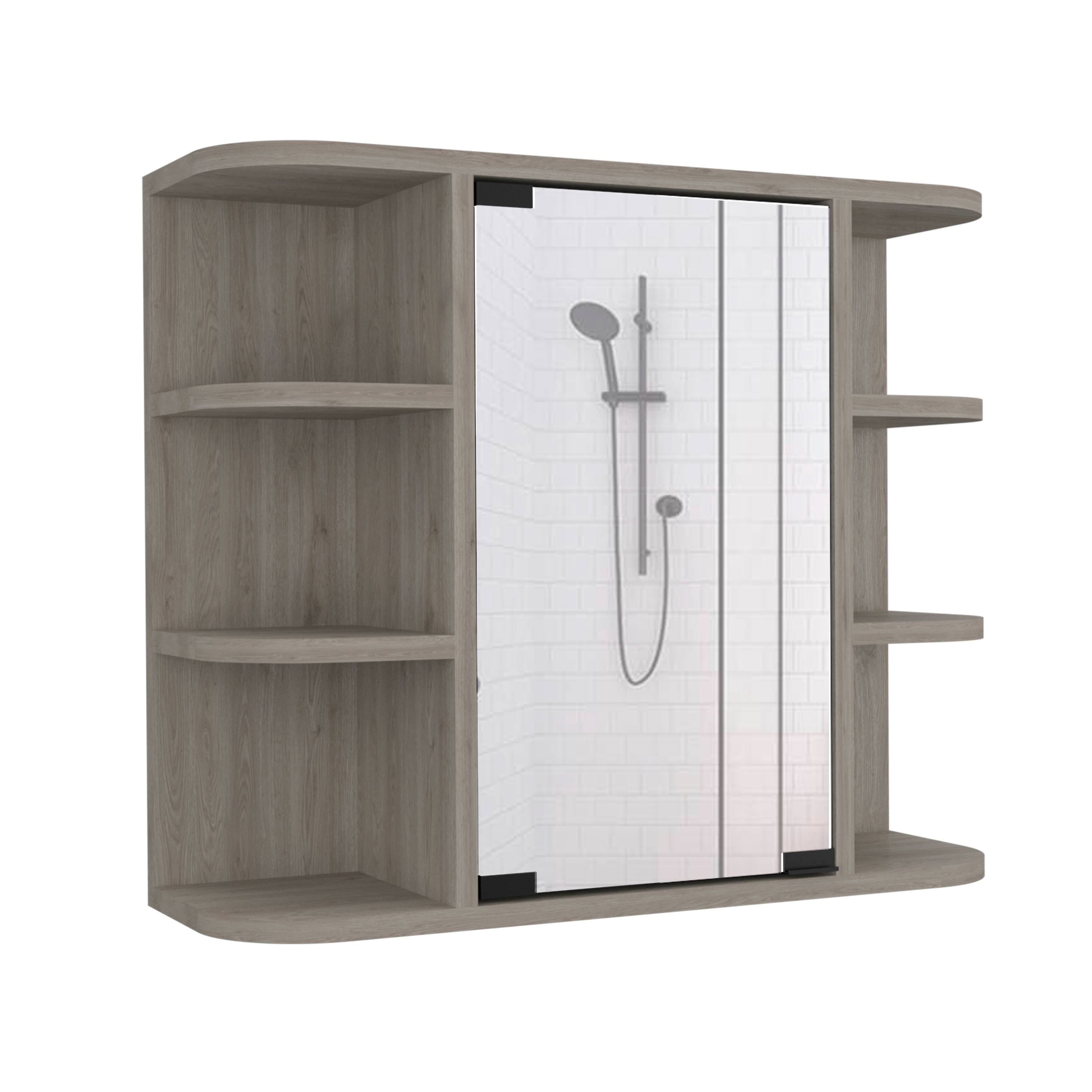 Alt View 1. TuHome - Milan Medicine Cabinet, Six External Shelves Mirror, Three Internal Shelves - Light Gray.