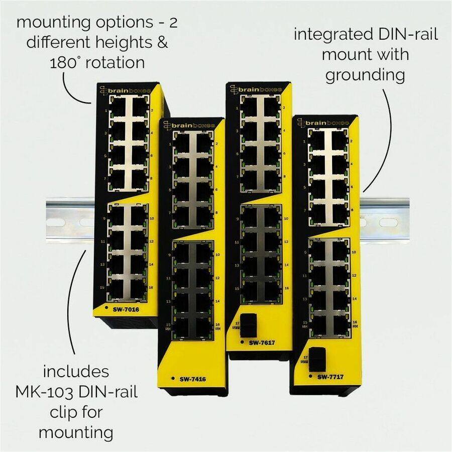 mounting options - 2 different heights & 180° rotation

integrated DIN-rail mount with grounding

includes MK-103 DIN-rail clip for mounting

SW-7016

SW-7416

SW-7617

SW-7717