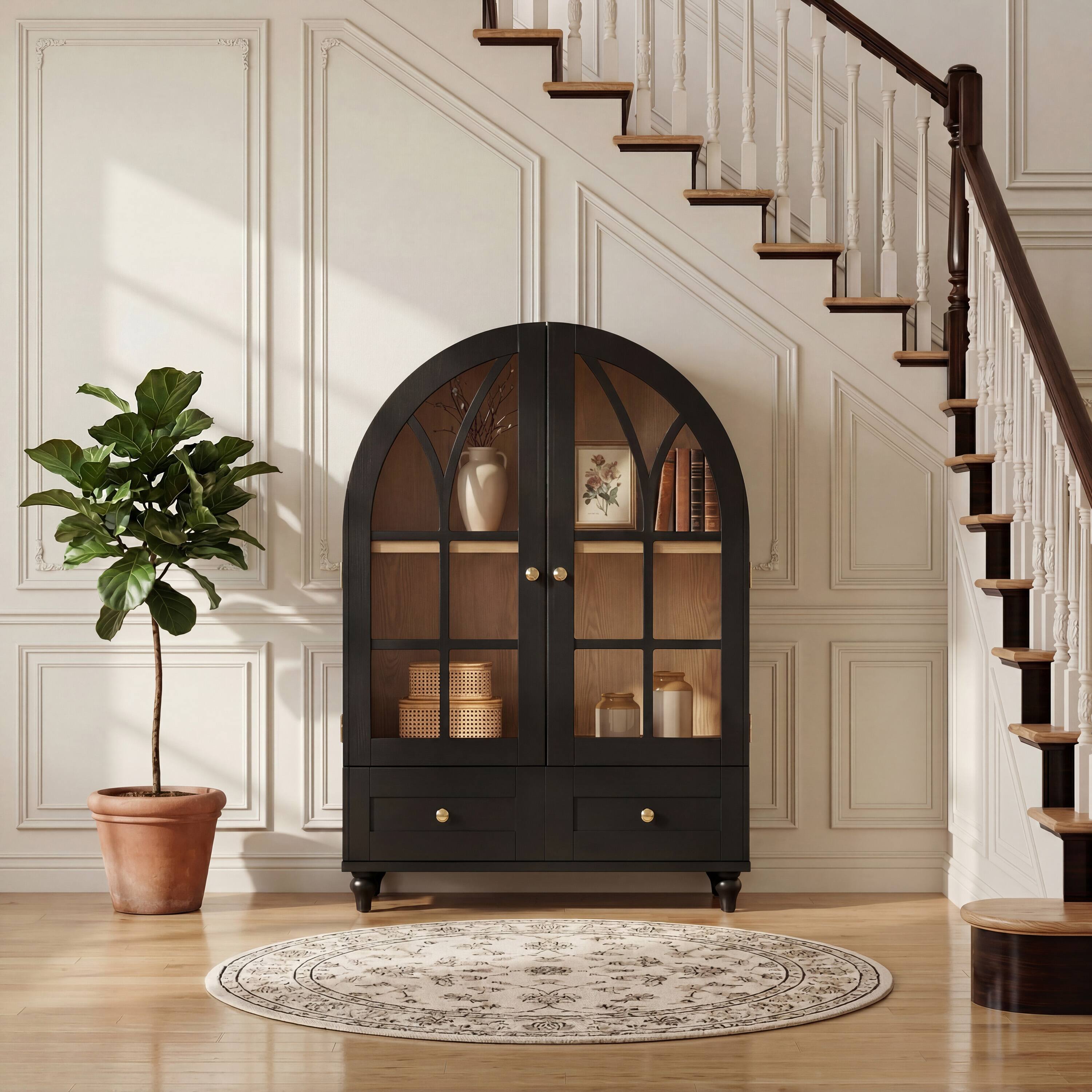 Loheer Arched Display Cabinet Wood Storage Cabinet with Glass Doors ...