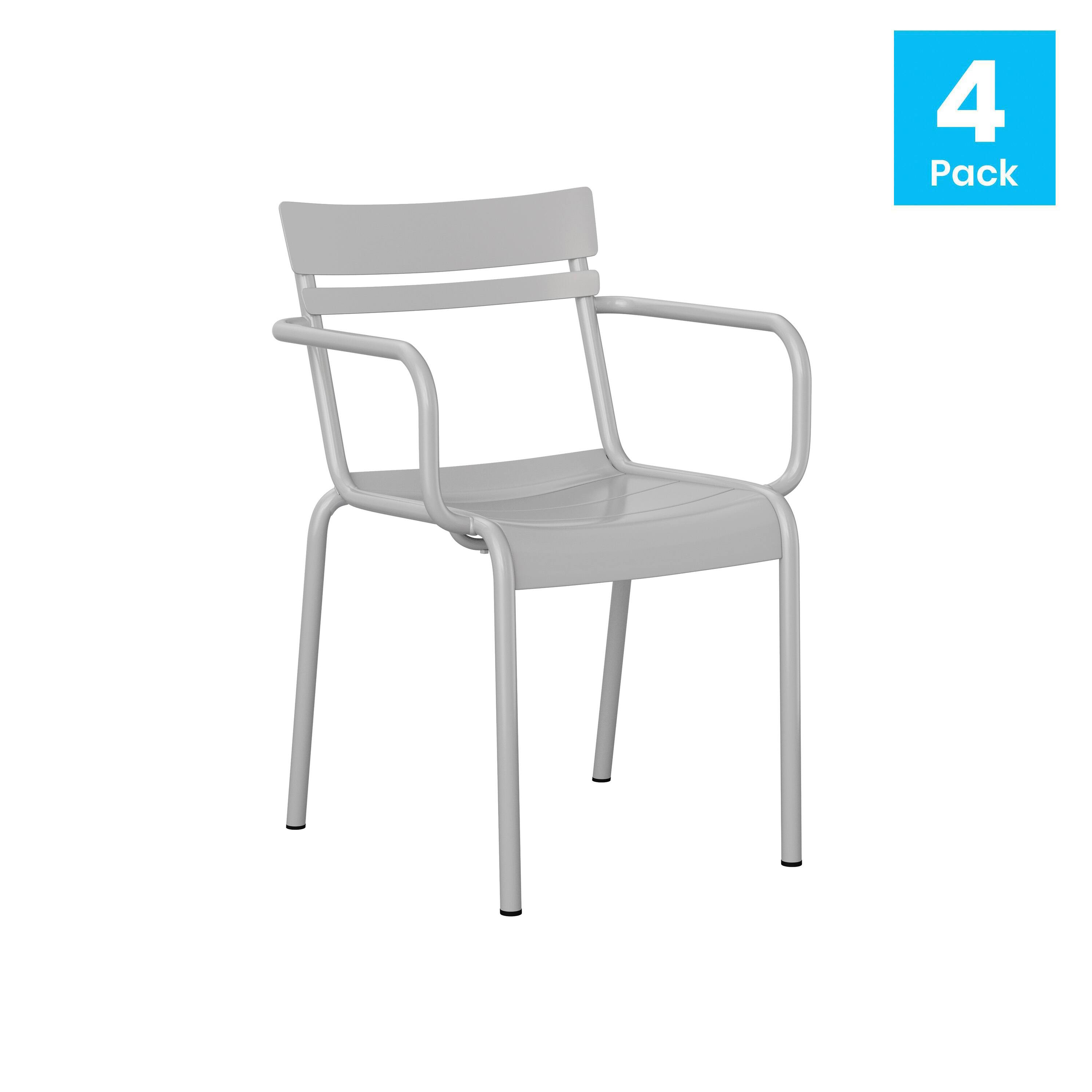 Alt View 2. Emma + Oliver - Rennes Powder Coated Steel Stacking Dining Chair with Arms and 2 Slat Back for Indoor-Outdoor Use - Silver.