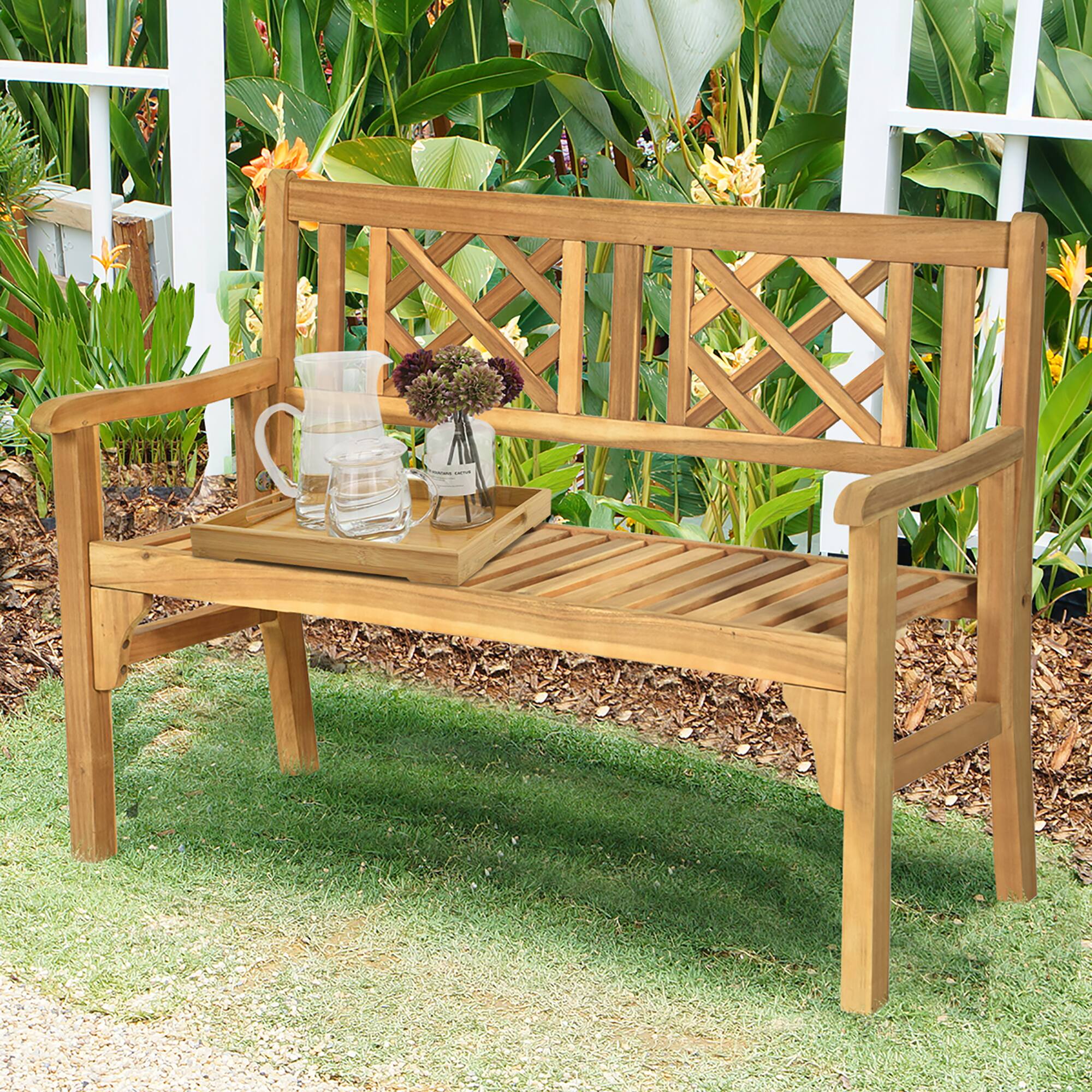 Alt View 1. Costway - Costway Patio Outdoor Solid Wood Bench Folding Loveseat Chair Park Garden Deck Furniture - Teak.