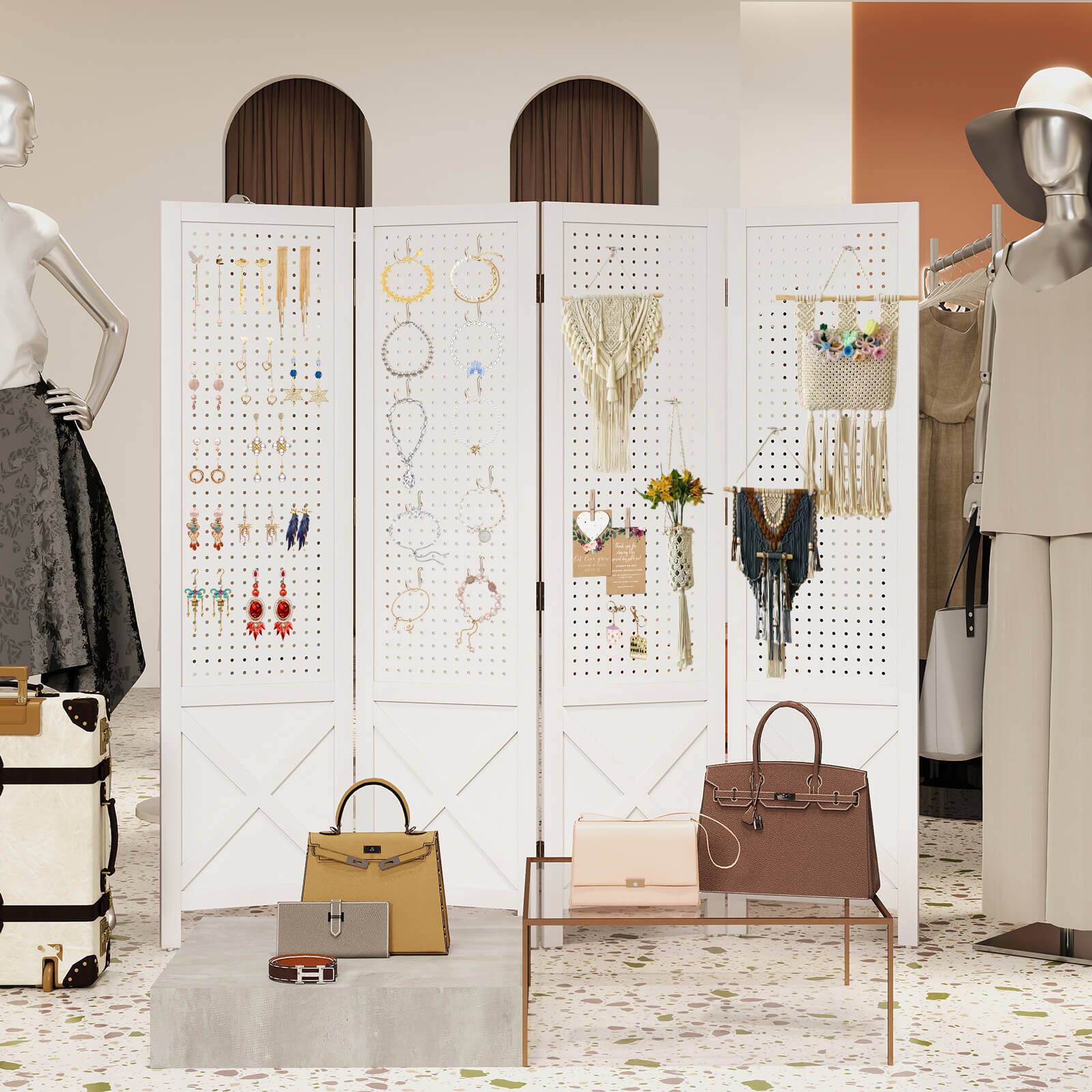 Alt View 4. Costway - Costway 4-Panel Pegboard Display Stand, 4.7 FT Folding Room Divider, Freestanding Screen - White.
