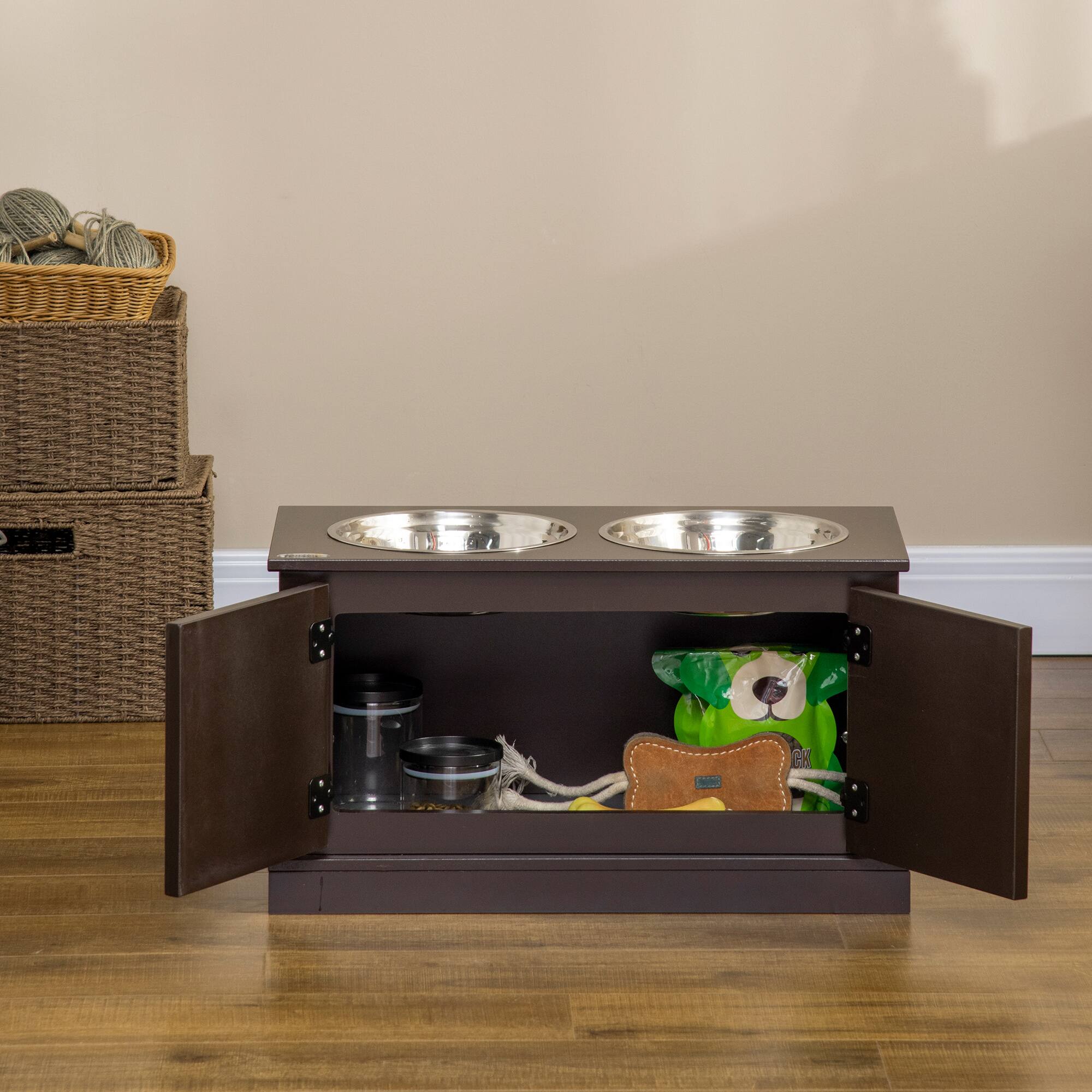 Alt View 5. Pawhut - Elevated Bowls for Large Dogs, Raised Dog Bowls with Storage, Two Stainless Steel Bowls, Indoor Use - Coffee.