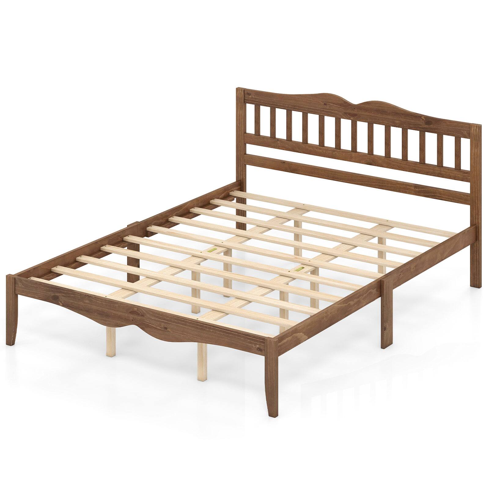 Alt View 1. Costway - Costway Queen Size Platform Bed with Headboard, Solid Wood Frame, Sturdy Wood Slat Support - Walnut.