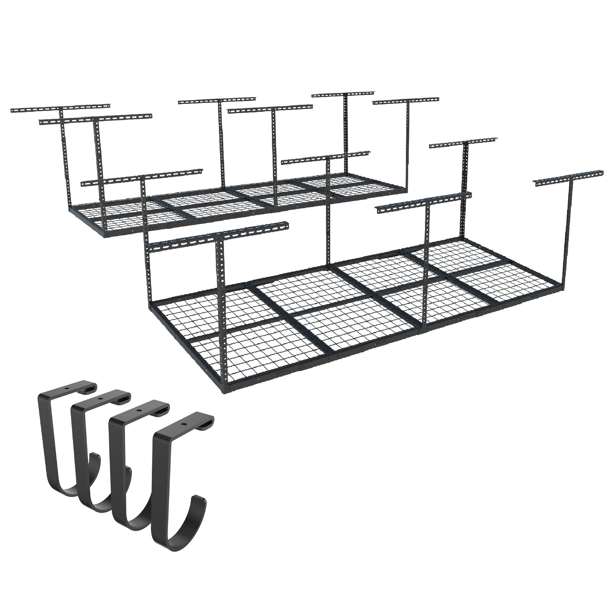 Front. Fleximounts - OHK Series 36 in. W x 96 in. D x 22-40 in. H Black Ceiling Mounted Overhead Garage Storage Rack with Accessory Hooks - Black.