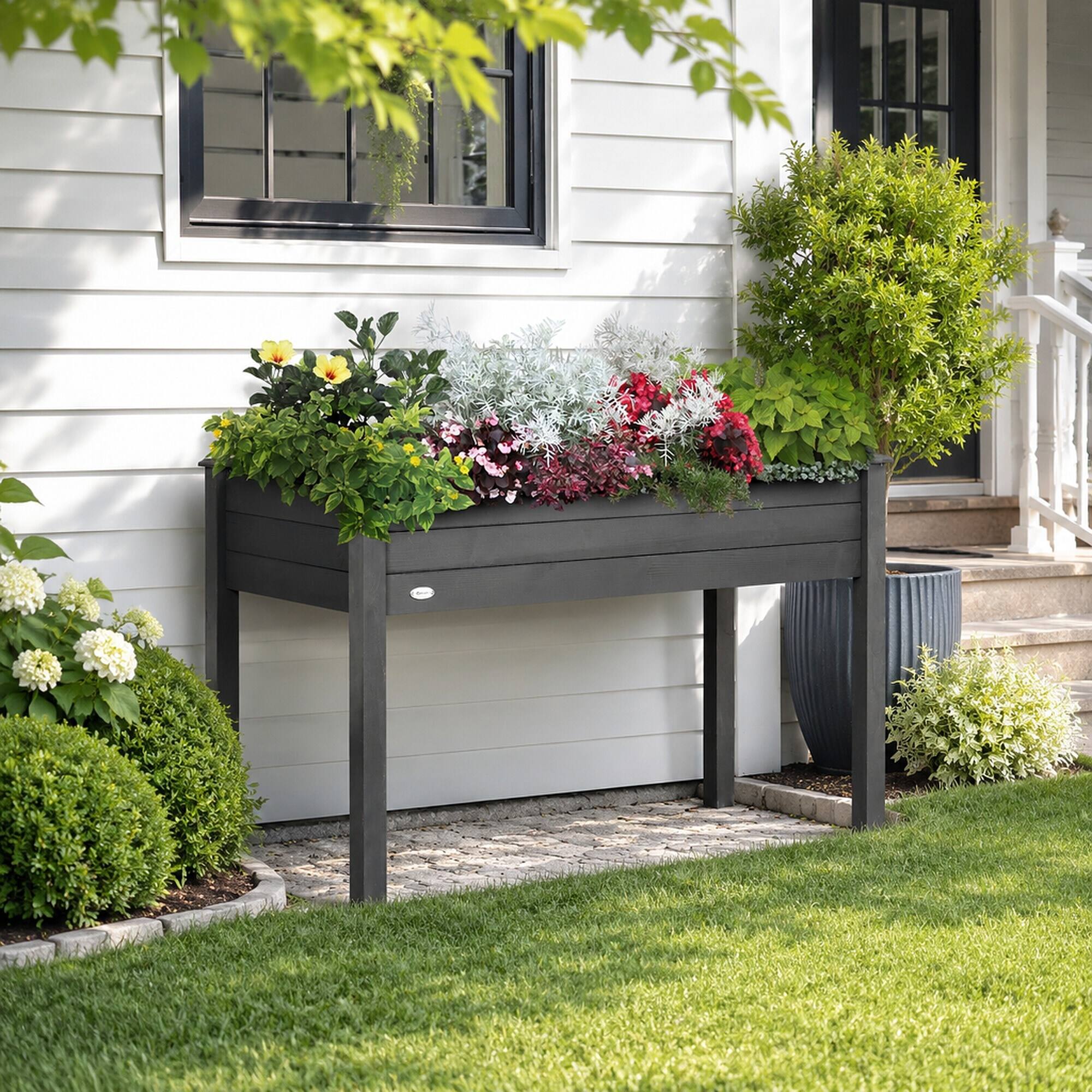 Alt View 1. RYHNUYNE - Outsunny Raised Garden Bed with Legs, 48" x 22" x 30" Elevated Wooden Planter Box, Self-Draining with Bed Liner - Gray.