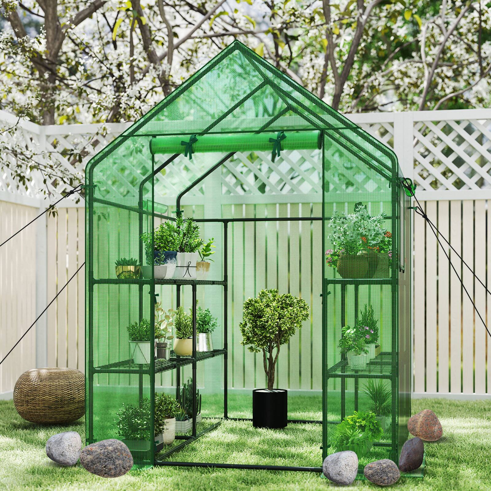 Alt View 1. Costway - Costway Walk-in Greenhouse 56"x56"x77" Gardening w/Observation Windows 2 Tier 8 Shelves - Green.