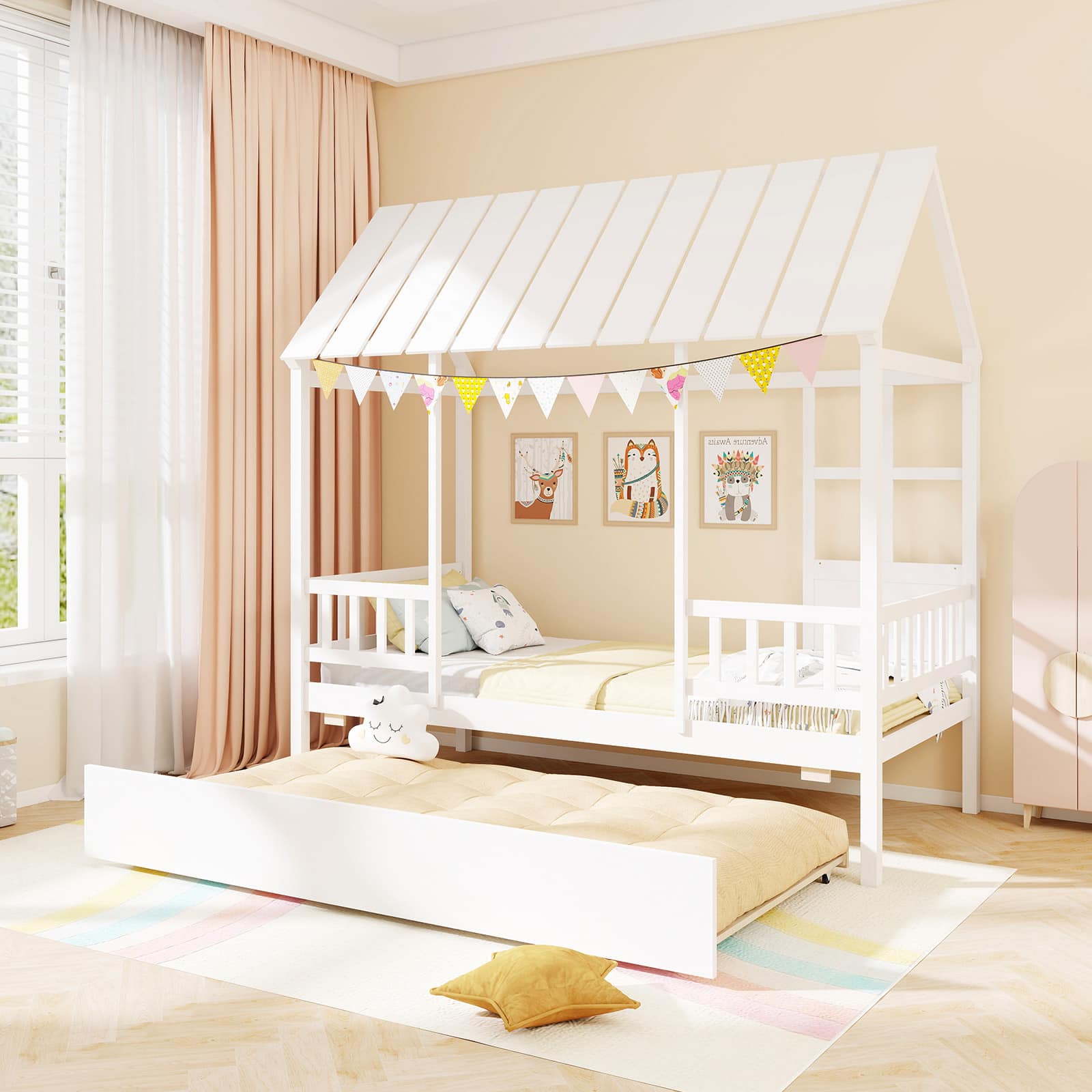 Gymax - Twin Size House Bed w/ Trundle Roof Window & Safety Guardrails Slats Support - White price history on PriceWatchPro