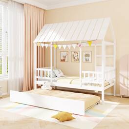 Gymax - Twin Size House Bed w/ Trundle Roof Window & Safety Guardrails Slats Support - White
