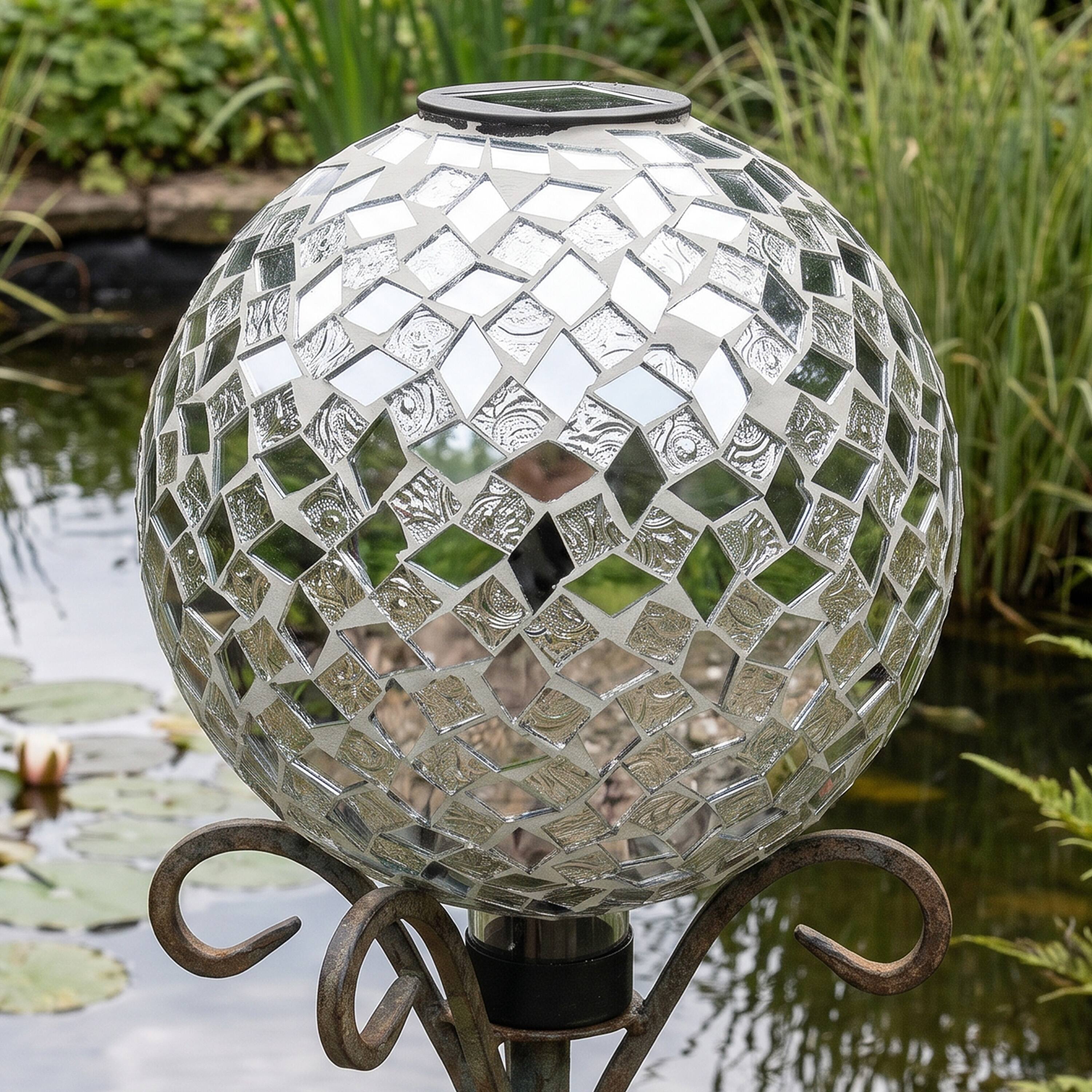 Alt View 5. Sunnydaze - Mosaic Gazing Ball with Solar Light - 10 in - 2pk - Mirrored Diamond.
