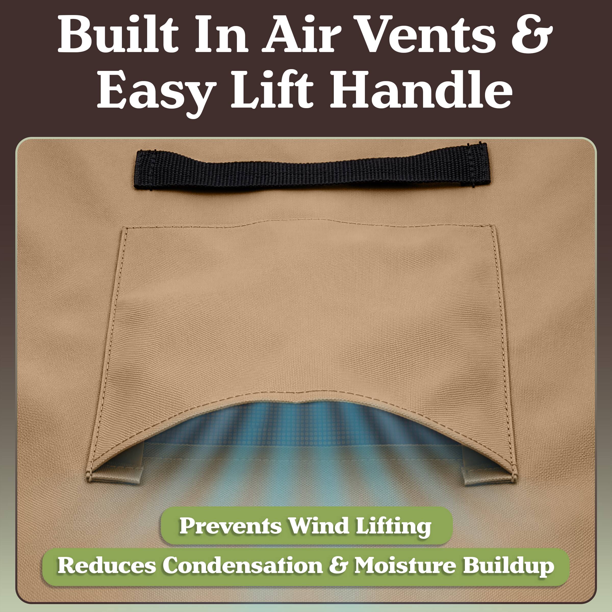 Built In Air Vents & Easy Lift Handle  
Prevents Wind Lifting  
Reduces Condensation & Moisture Buildup