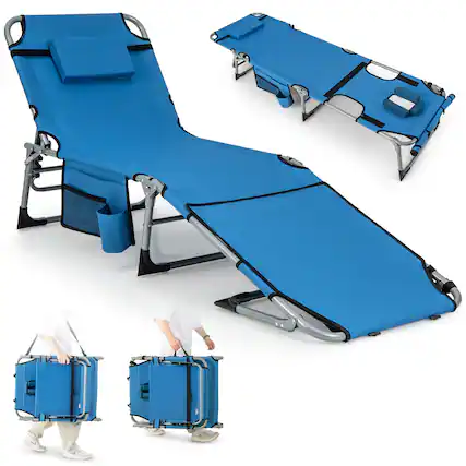 Front. Costway - Costway Outdoor Folding Chaise 5-Position Lounge Chair with Face Hole &Adjustable Footrest - Blue.