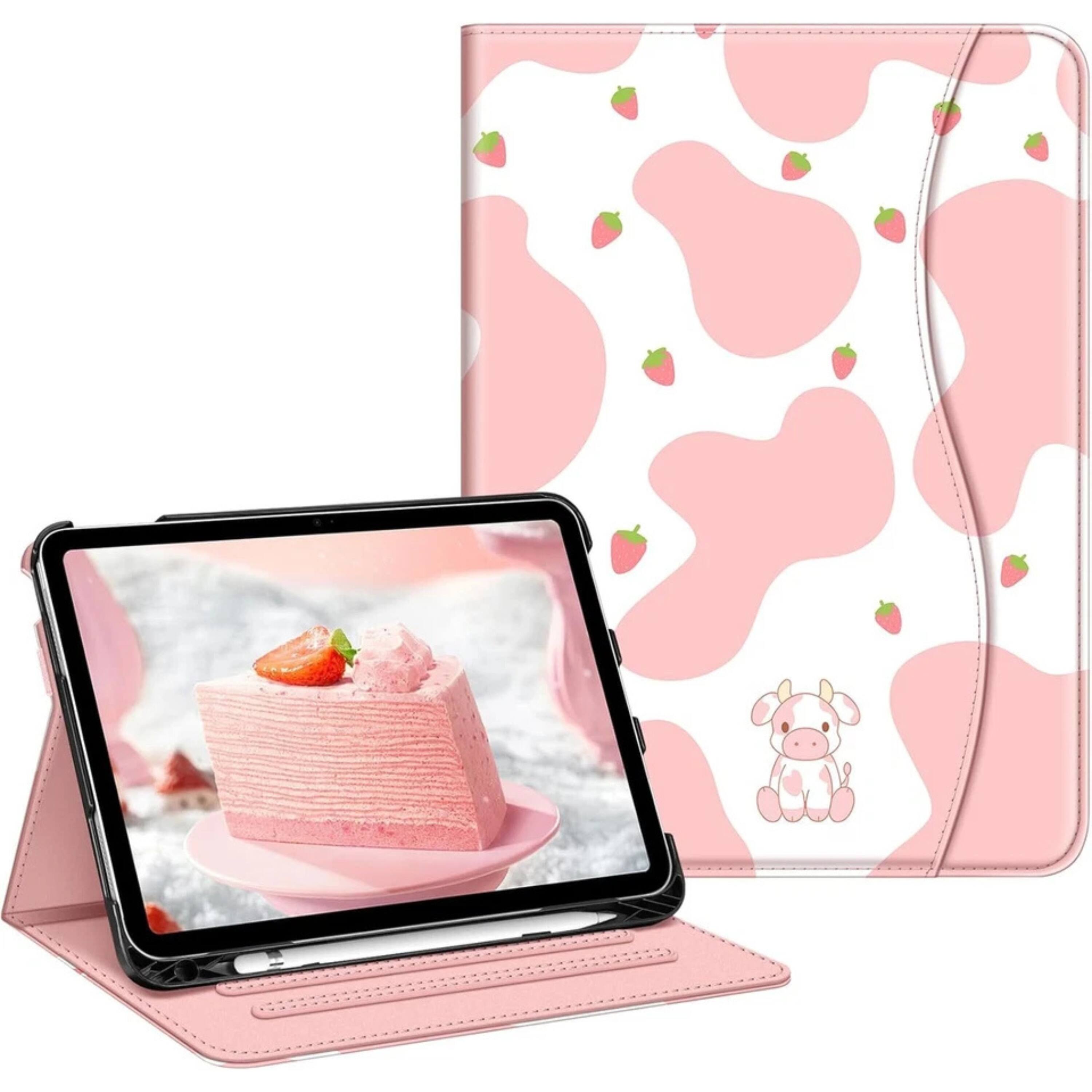 Front. Kitcheniva - iPad 10th Generation 2022 Case With Stand And Pocket  10.9'' Pink Cow - Strawberry Cow.