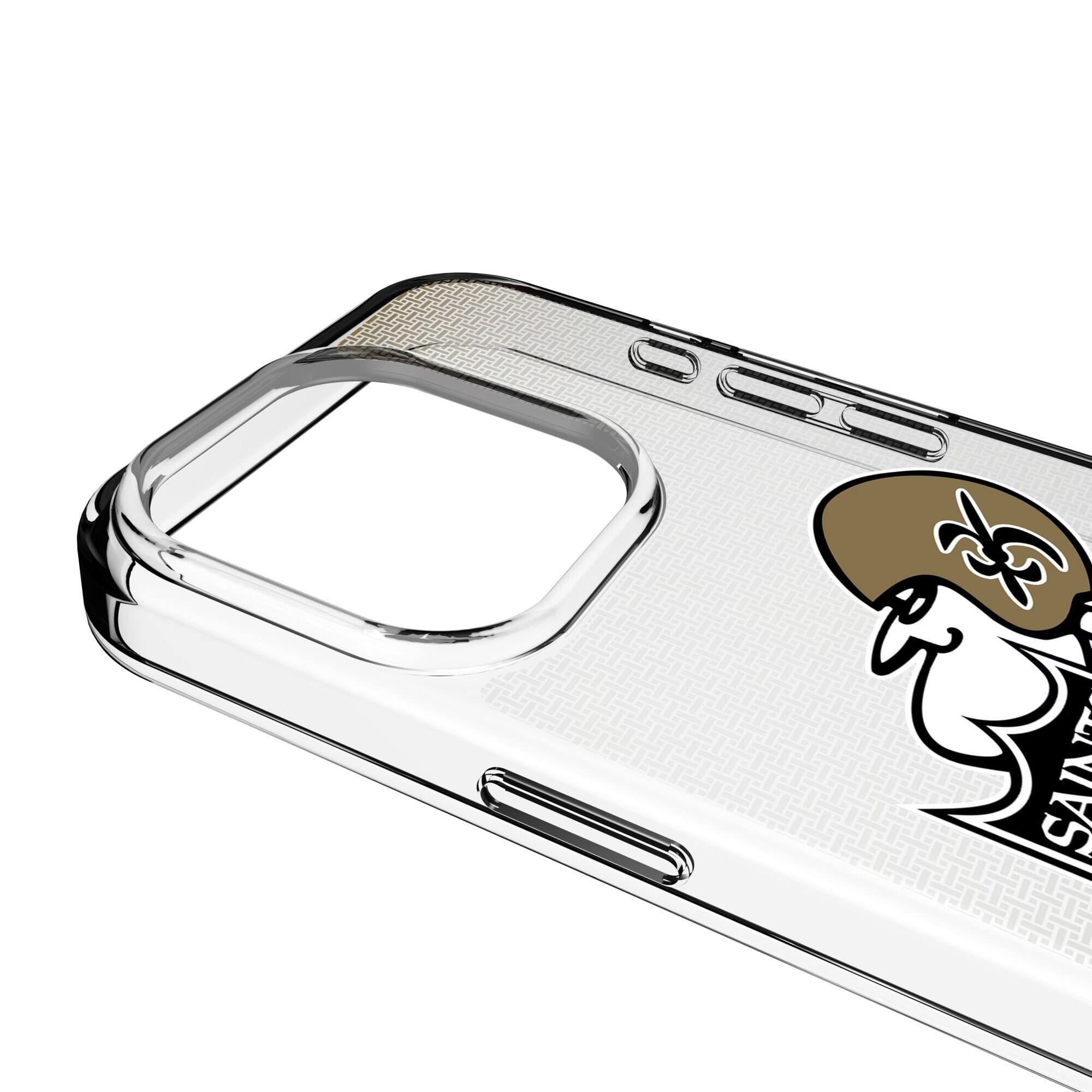 Alt View 2. Keyscaper - New Orleans Saints Linen Logo iPhone Clear Case - 16 Plus - Multicolor.